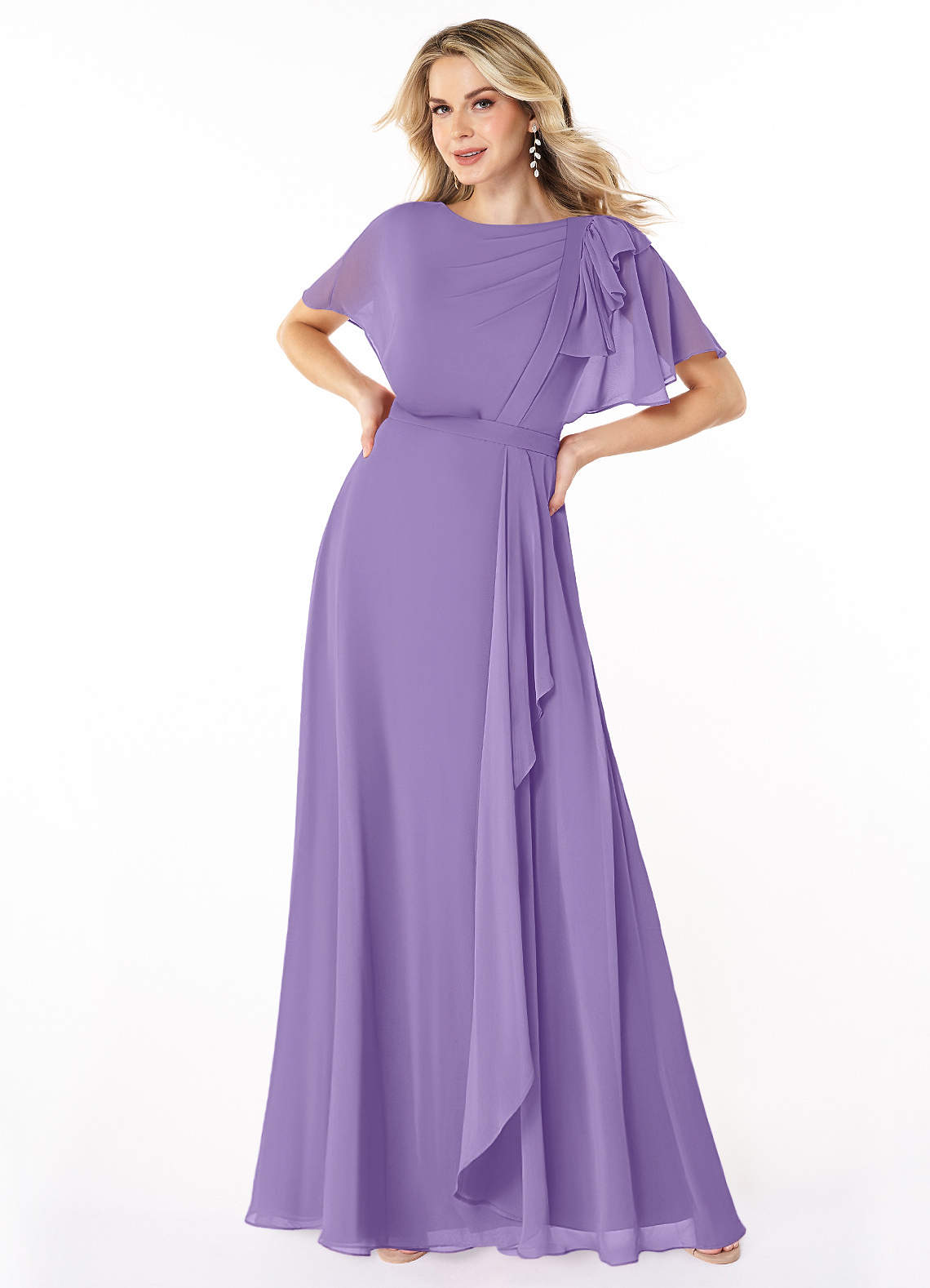 Azazie Aaliyah Abiti da damigella modesti Abito A-Line con Scollo a U a Pieghe Chiffon Floor-Length image1