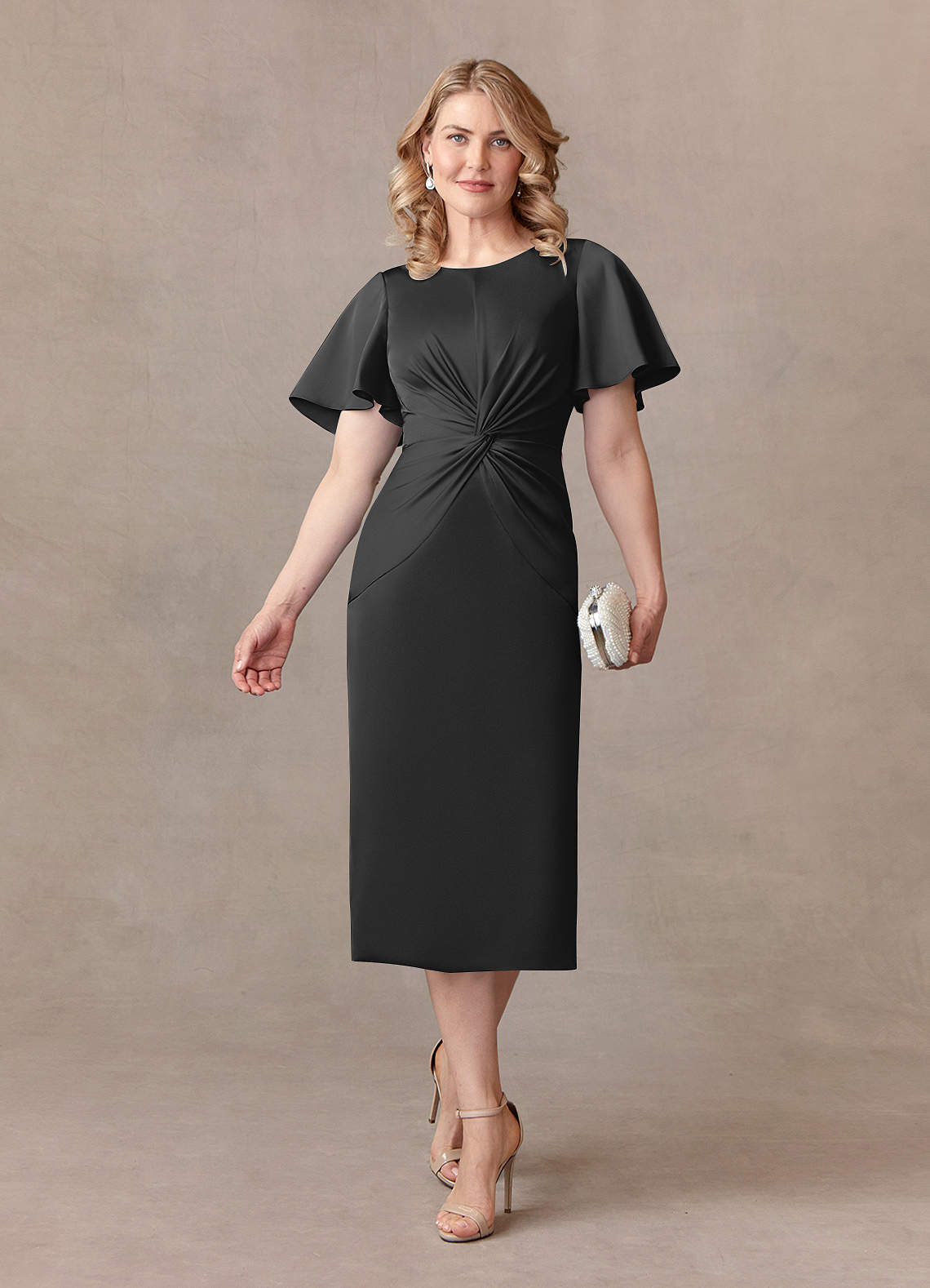 Azazie Everlyn Mother of the Bride Dresses Black Sheath Pleated Stretch Satin Dress image1