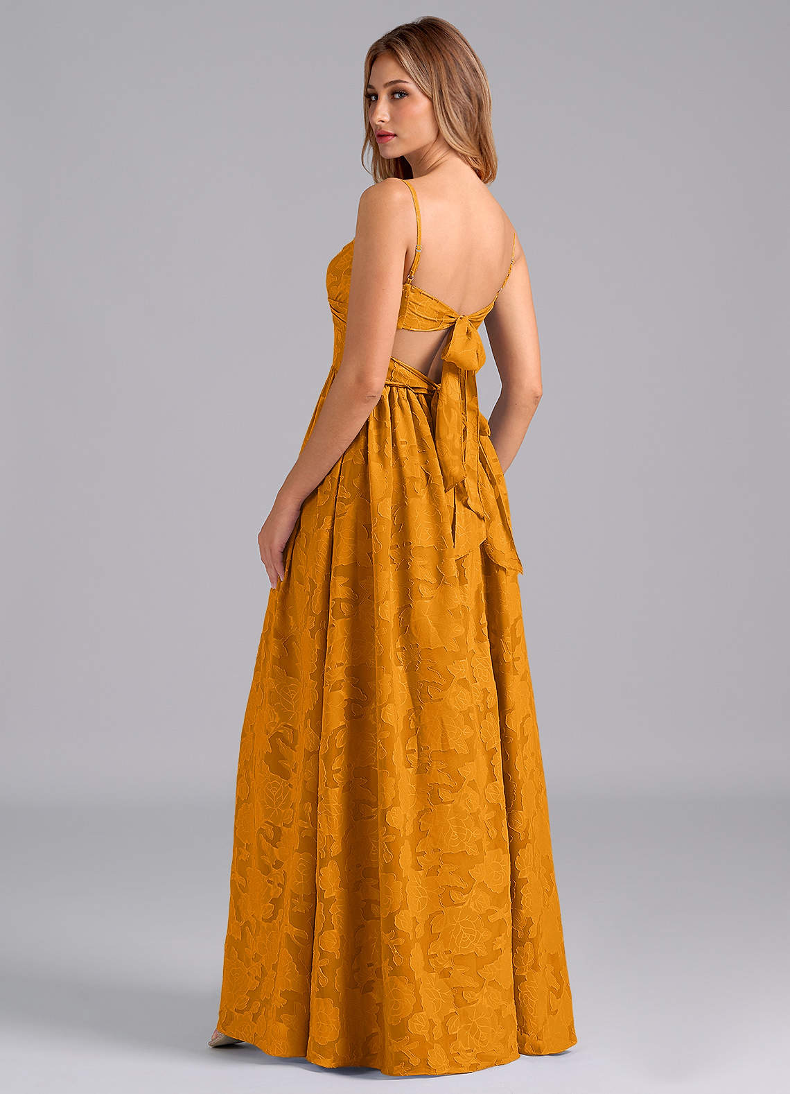 Azazie Zeya Bridesmaid Dresses Butterscotch A-Line Bow Floral Burnout Dress image1