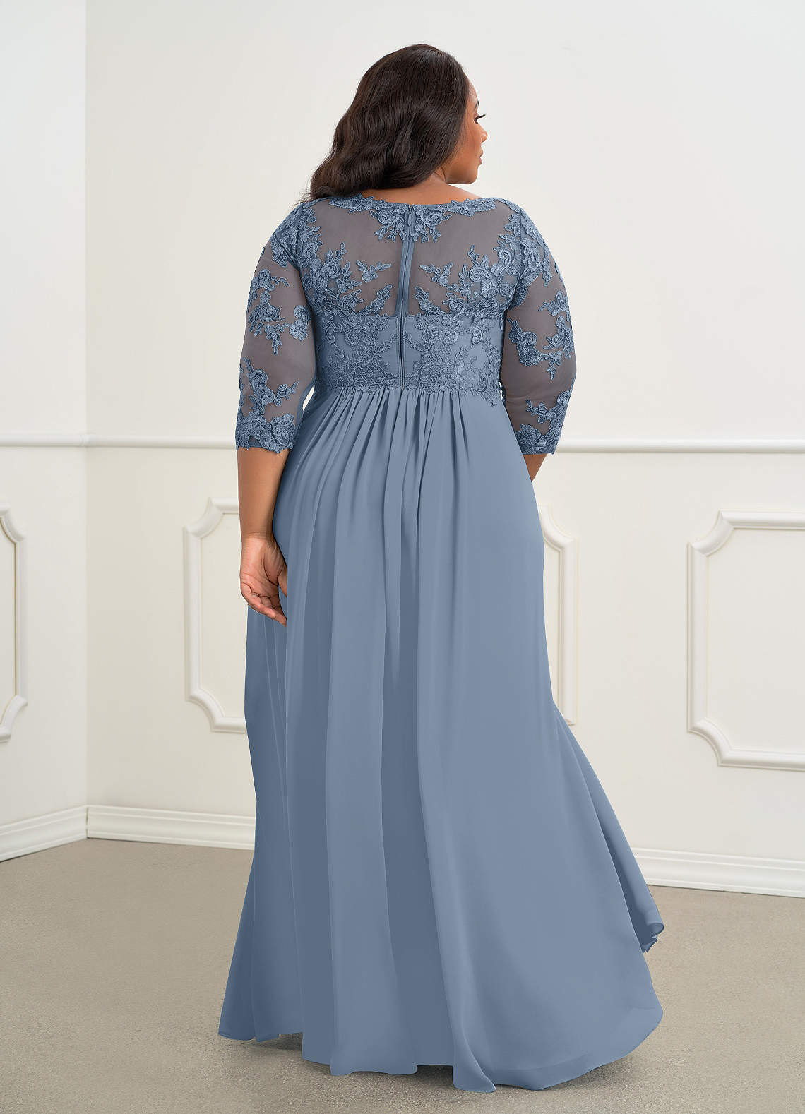 Azazie Hayek Abiti per la Madre della Sposa Abito A-Line in Chiffon con Scollo a V in Pizzo Blu Polveroso image6