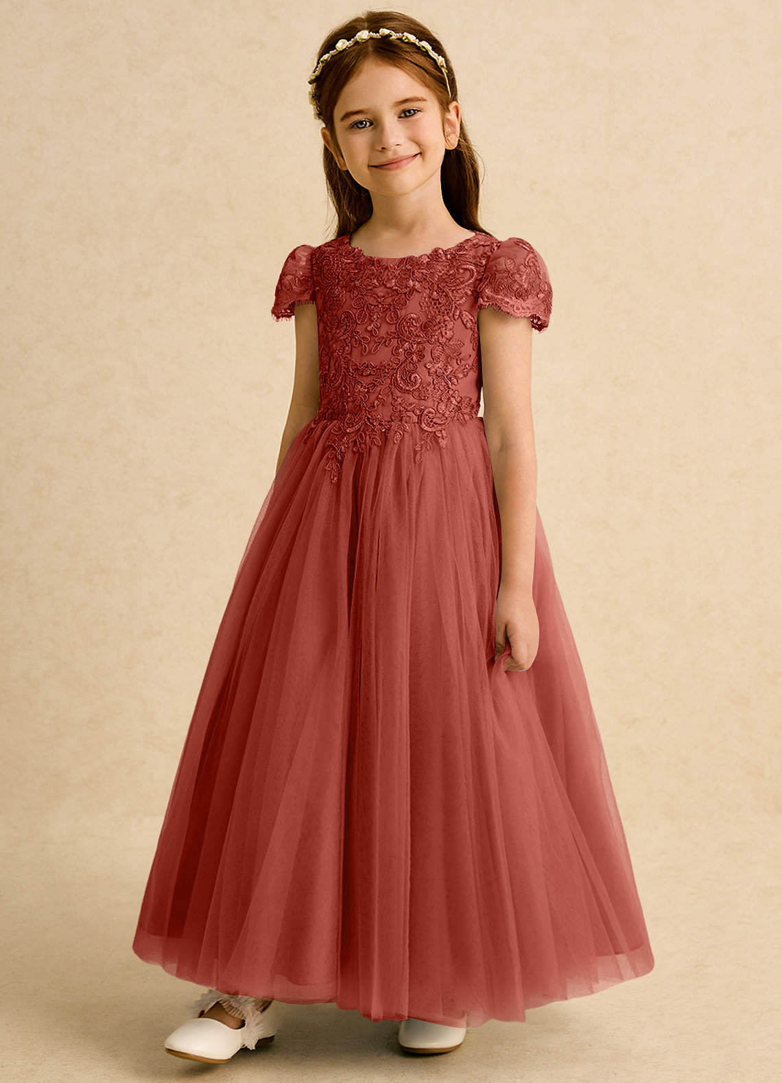 Azazie Puff Robe Demoiselle D'honneur Fillette Robe Princesse en Tulle Dentelle Terracotta image4