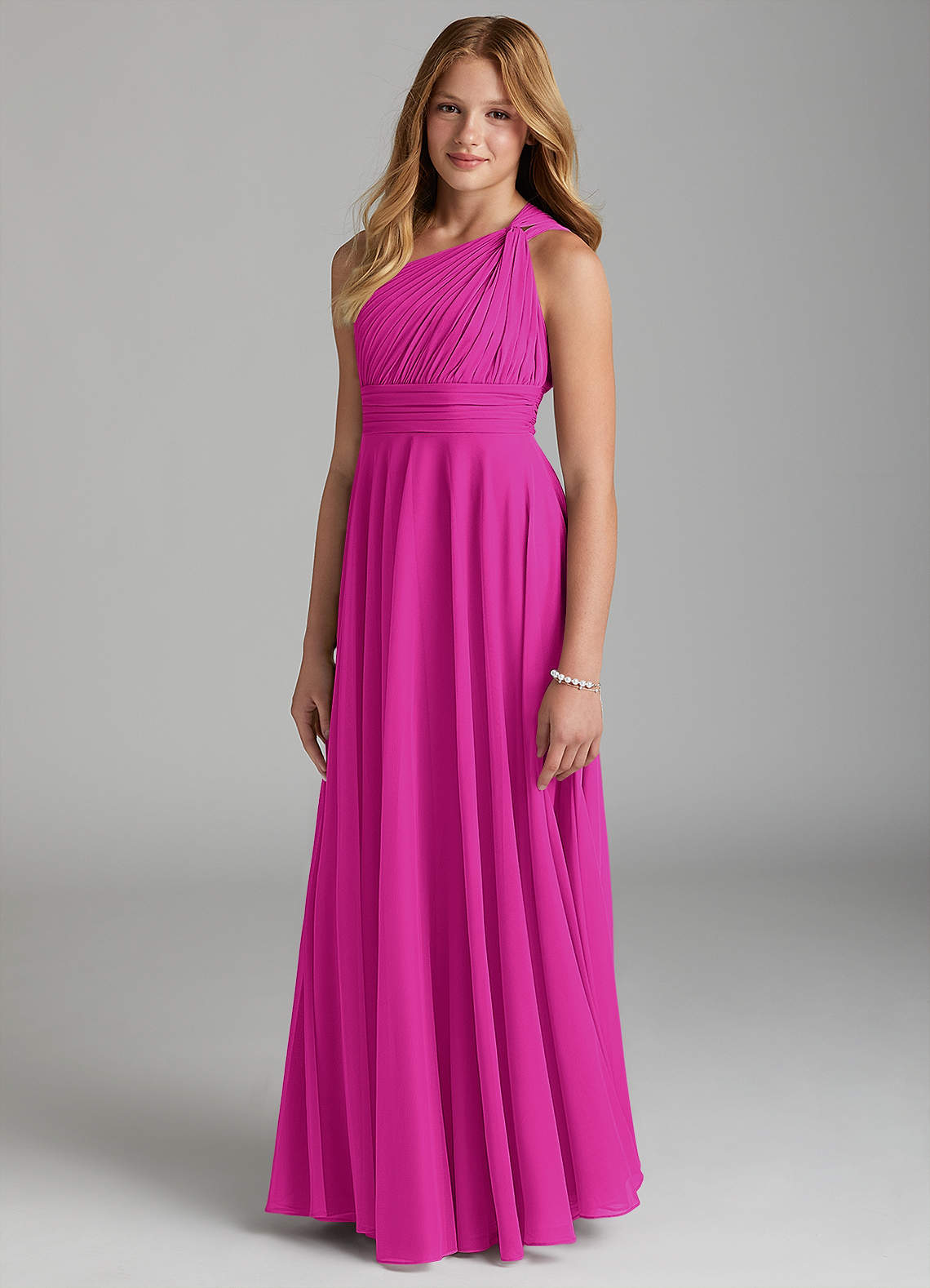 Azazie Charlize Junior Fuchsia A-Line Mesh Dress image1