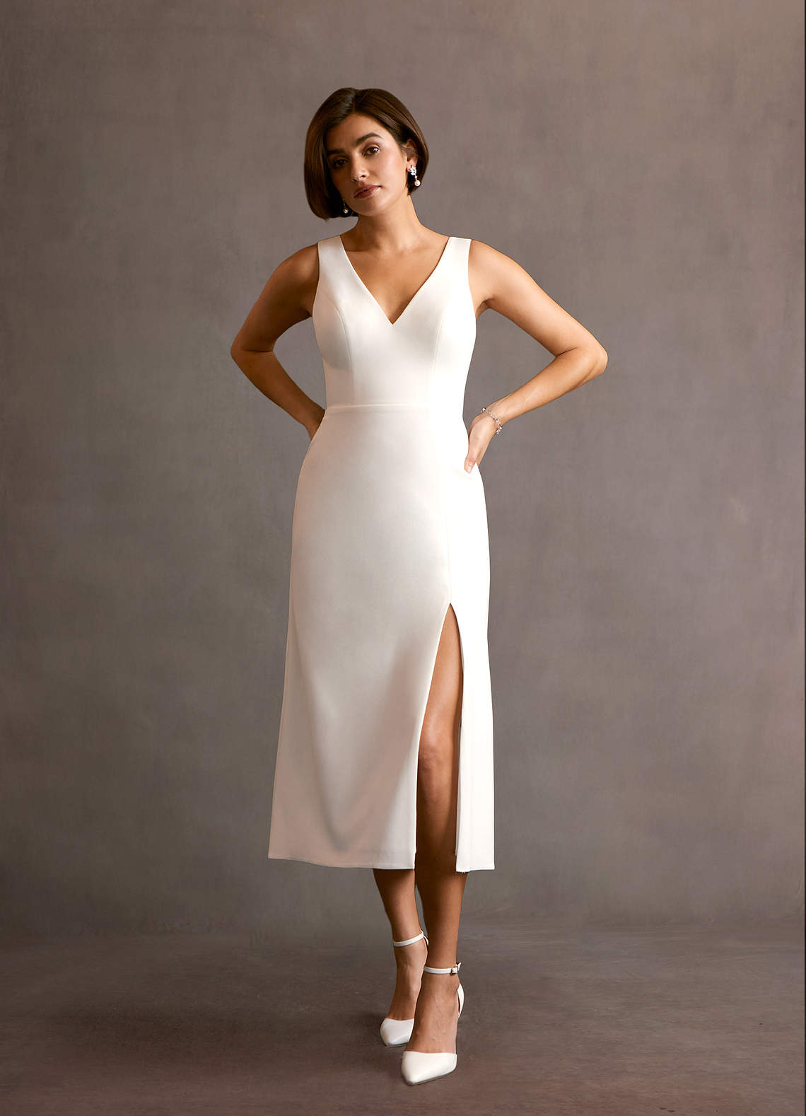 Azazie Chari Wedding Dresses Diamond White A-Line V-Neck Stretch Crepe Dress image3