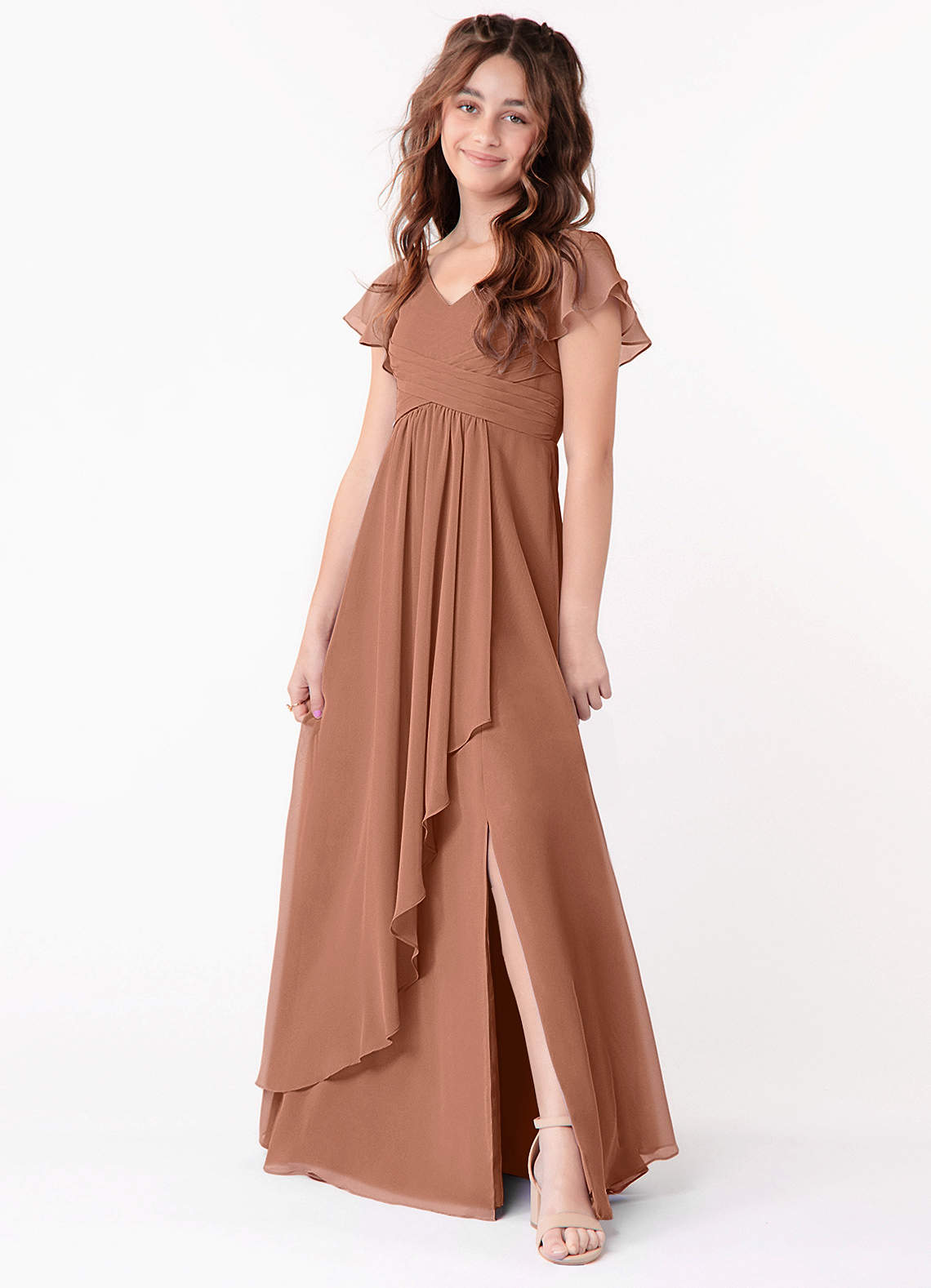Azazie Omari Junior Bronzer A-Line Ruched Chiffon Dress image1