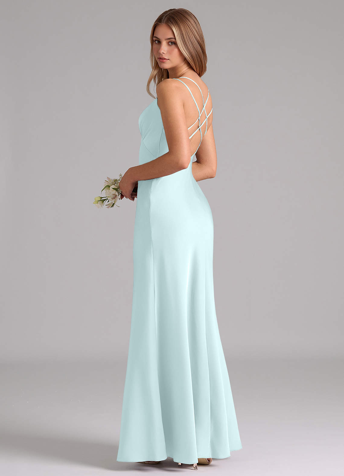 Azazie Suttona Bridesmaid Dresses Sea Glass A-Line Pleated Stretch Satin Dress image1