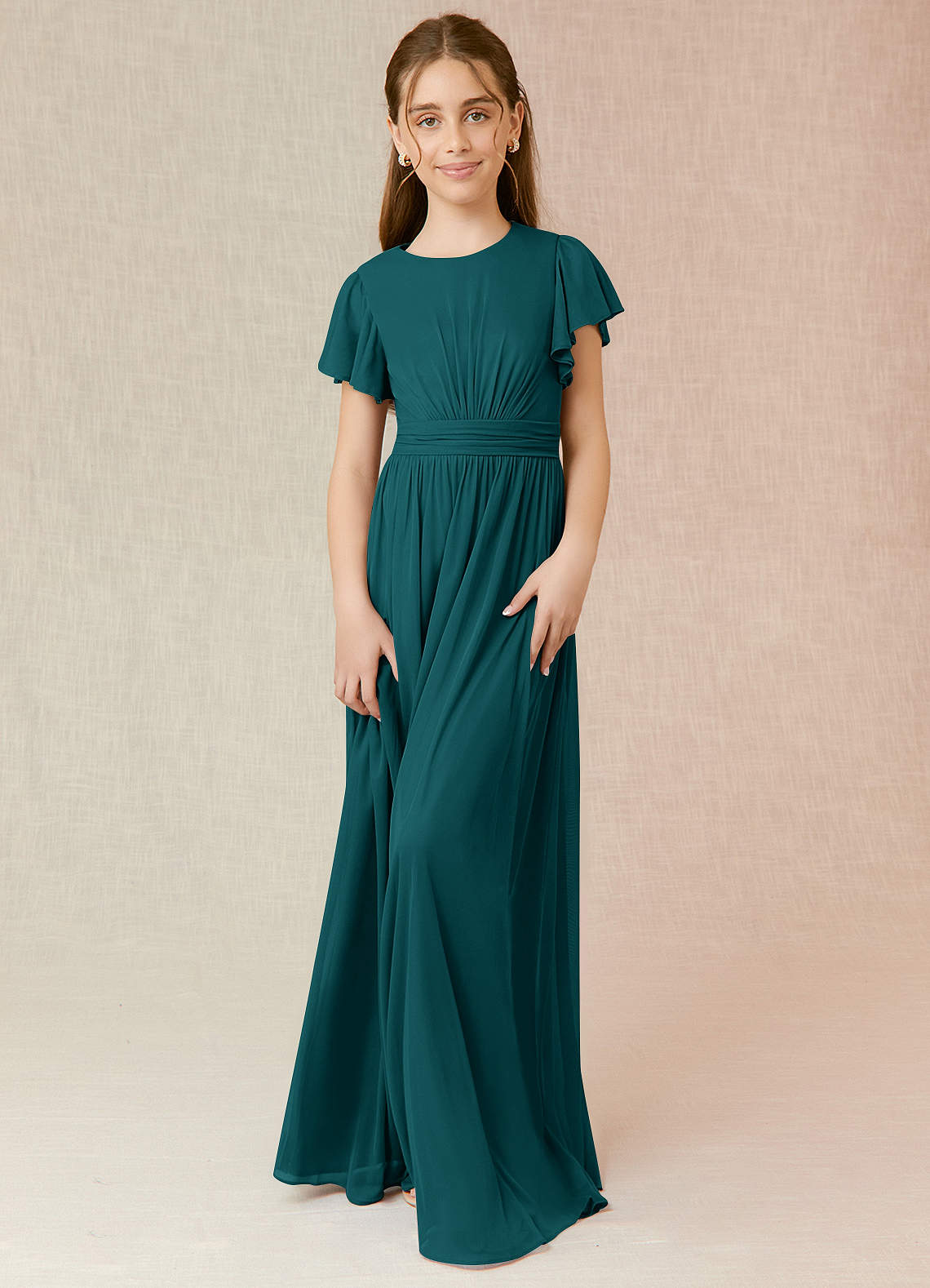 Azazie Mosley Junior Peacock A-Line Ruched Mesh Dress image1