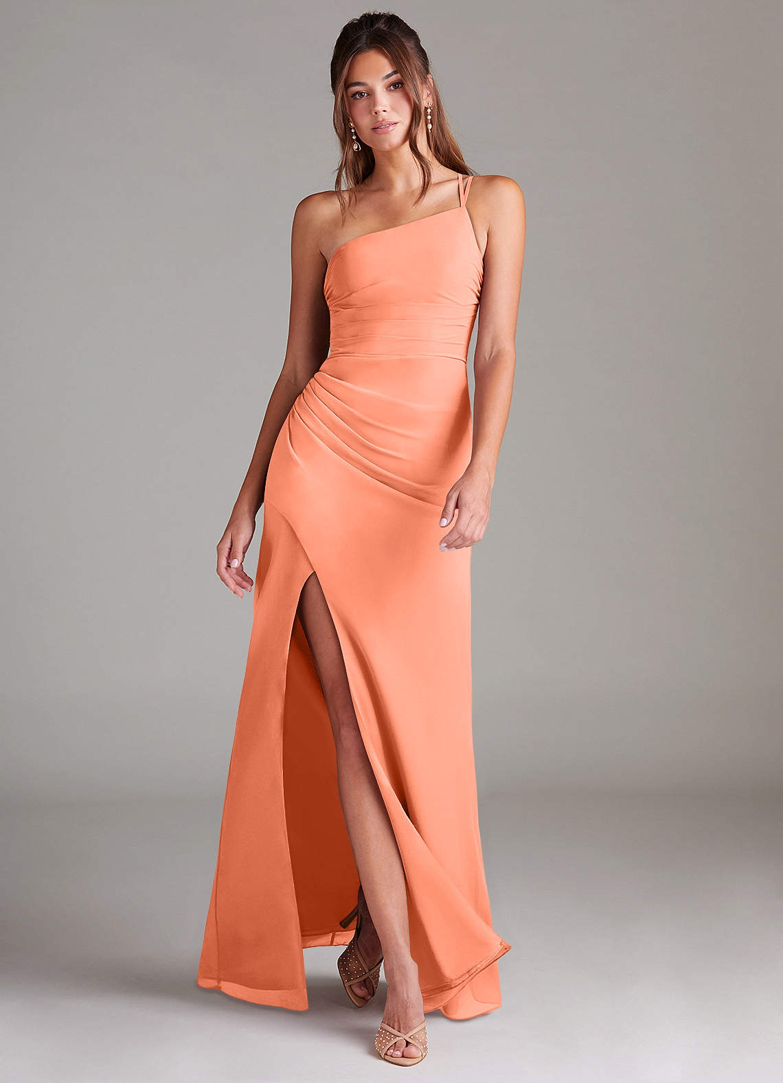 Azazie Eren Vestidos de damas de honor Vestido de Atardecer de Gasa de Corte Recto con Hombro unilateral image1
