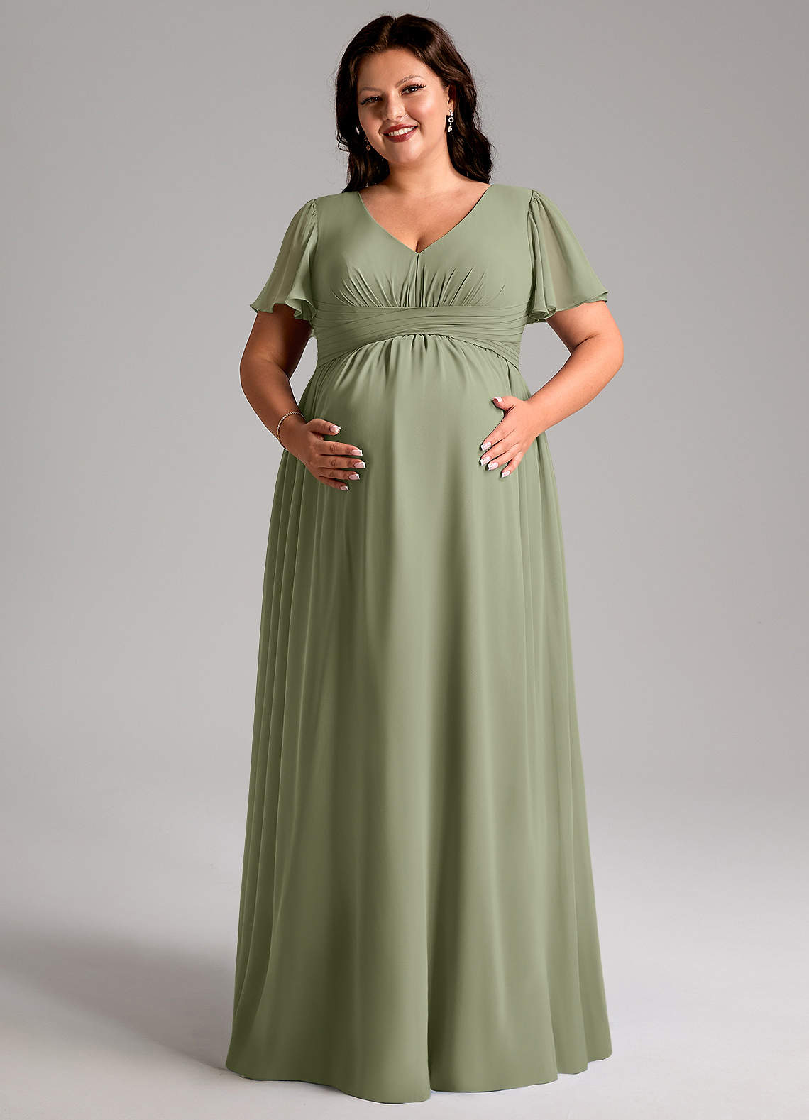 Azazie Verna Kleider zum Anprobieren zu Hause A-Linie V-Hals Gerüscht Chiffon Bodenlänge Kleid image10