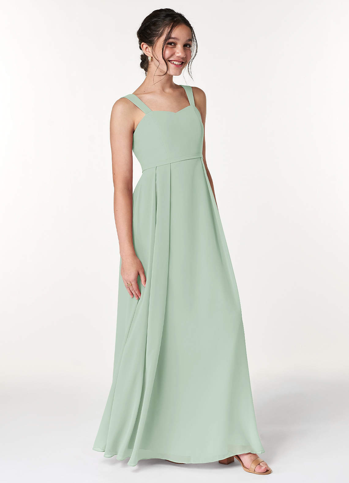 Azazie Simoan Junior Abito A-Line in Chiffon Scollo a Cuore Agave image2