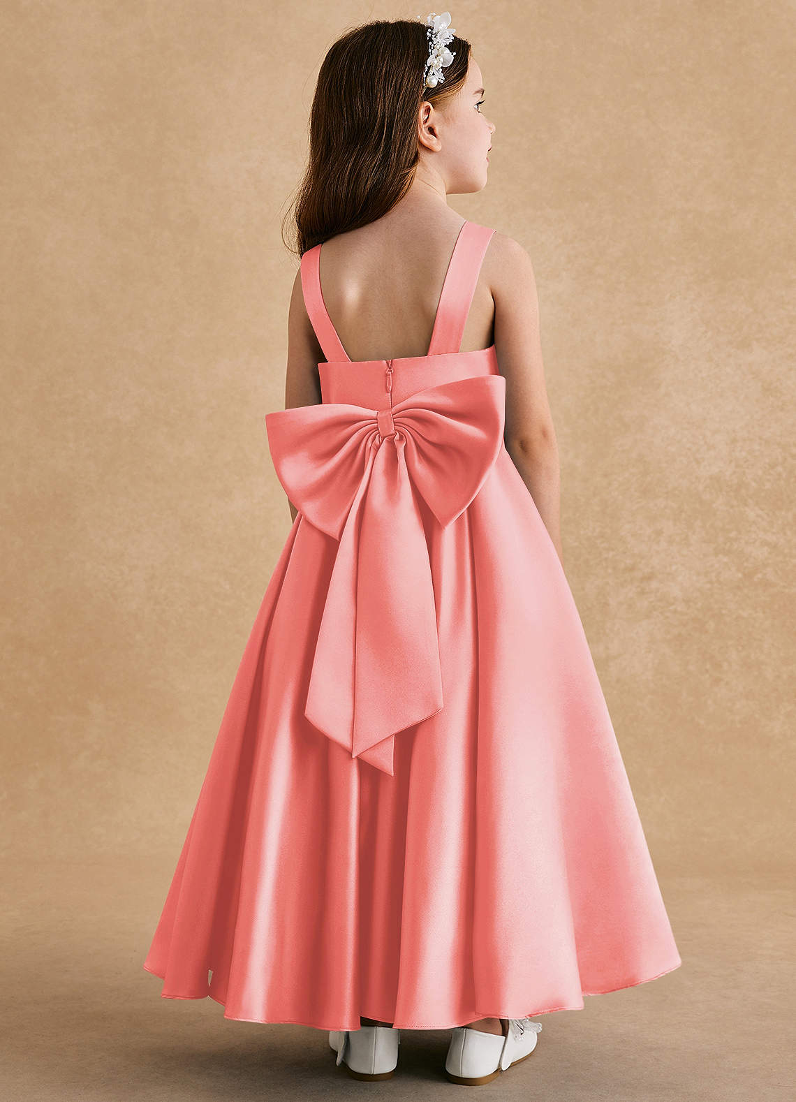 Azazie Honey Bear Flower Girl Dresses Coral A-Line Pleated Matte Satin Dress image1