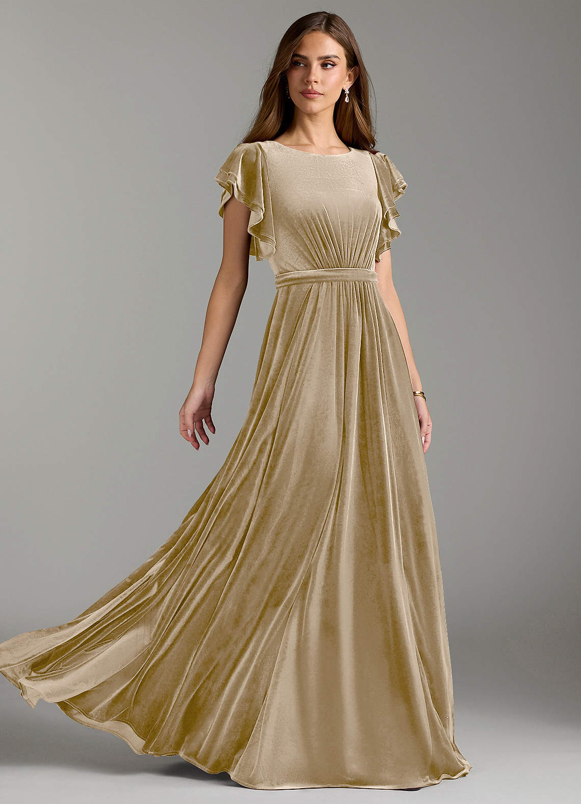 Azazie Daphne Modest Bridesmaid Dresses A-Line Velvet Floor-Length Dress with Belt image1