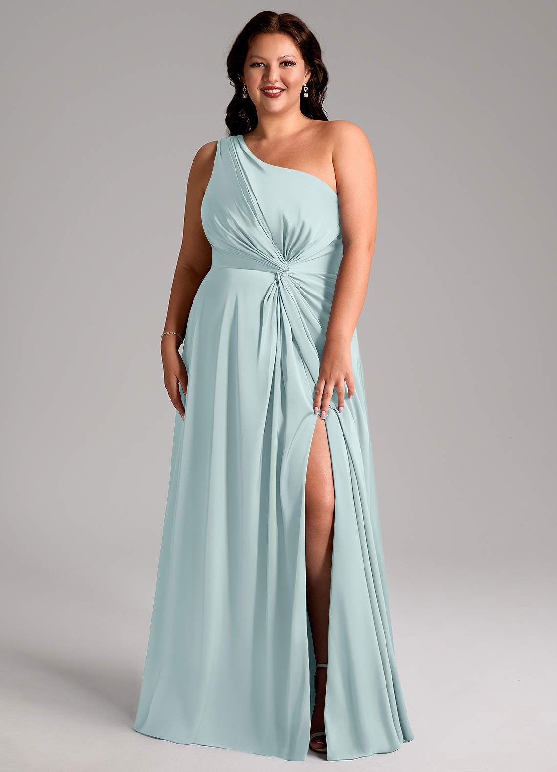Azazie Brooke Brautjungfernkleider A-Linie One-Shoulder Stretch-Satin Kleid Nebel image1