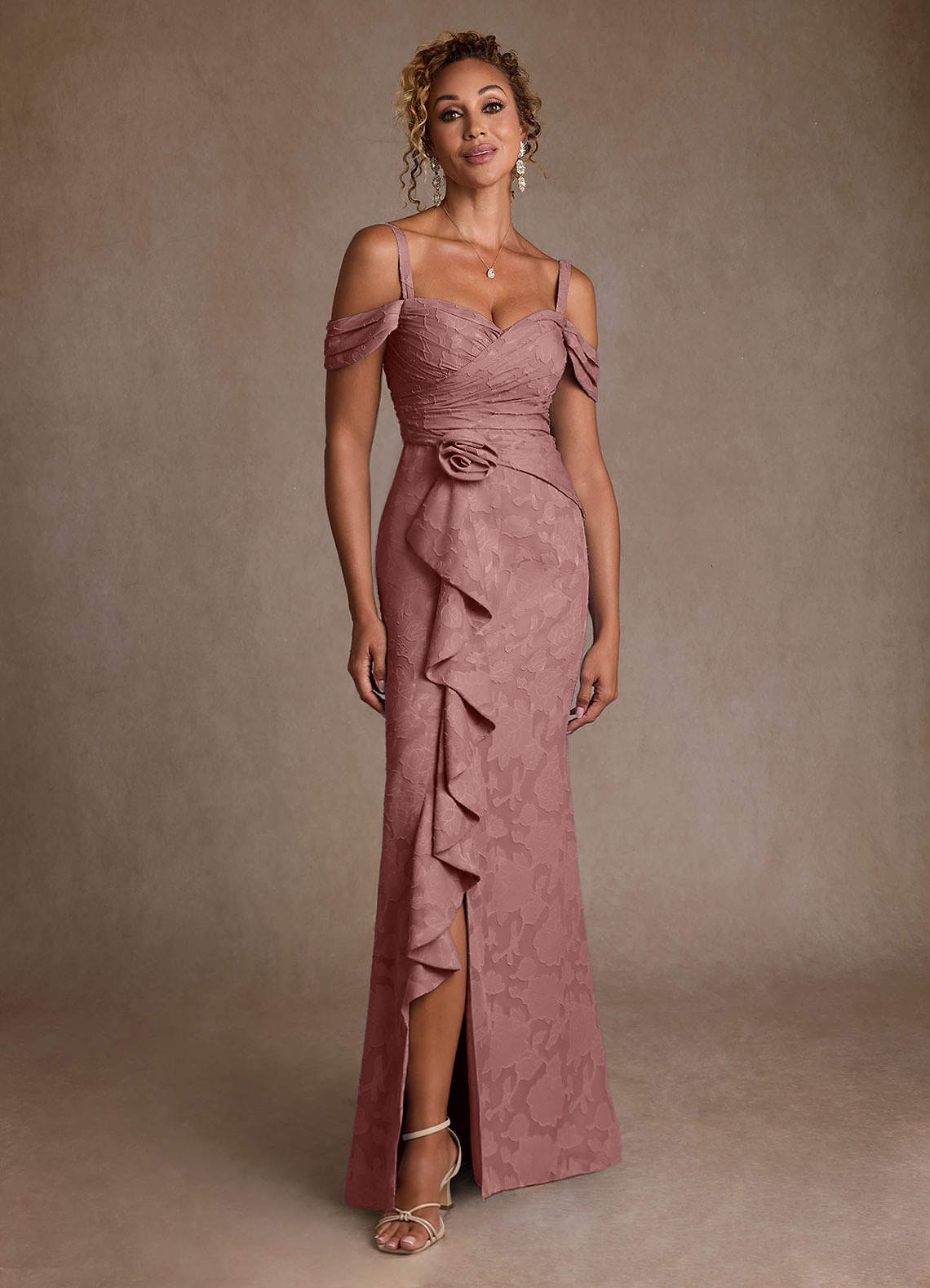 Azazie Irene Dusty Rose A-Line Off the Shoulder Floral Burnout
