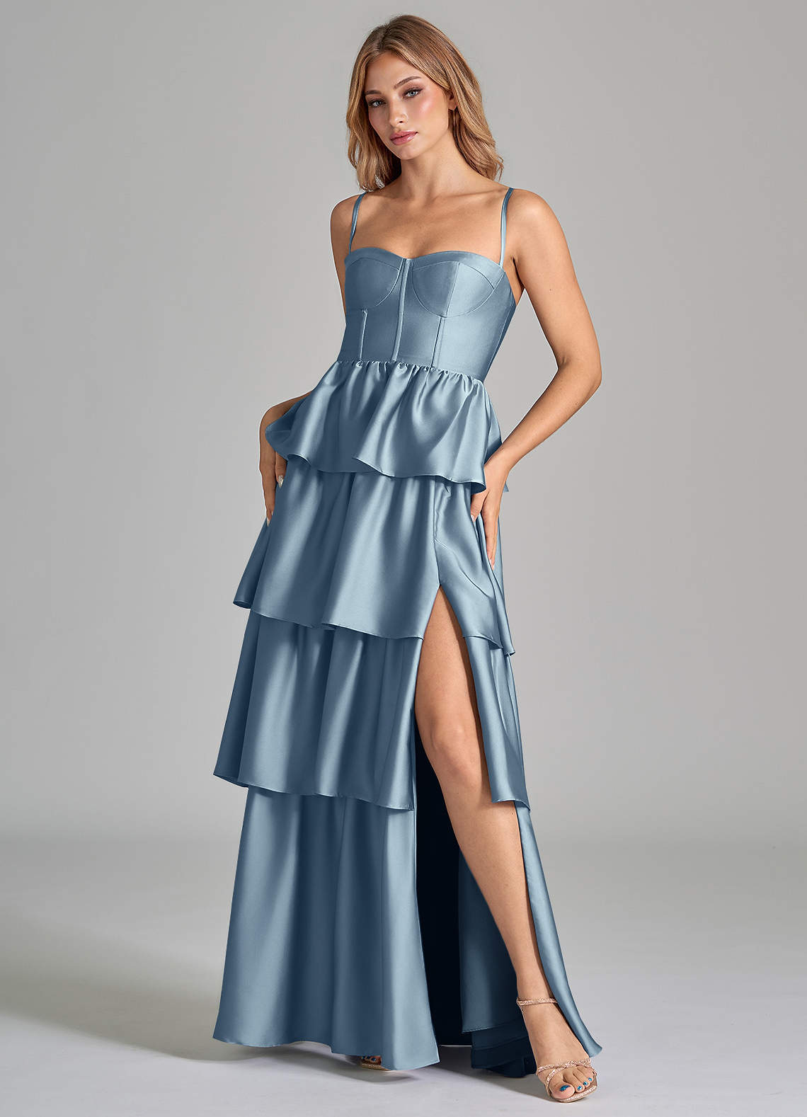 Azazie Faye Dusty Blue Stretch Satin Bridesmaid Dresses | Azazie