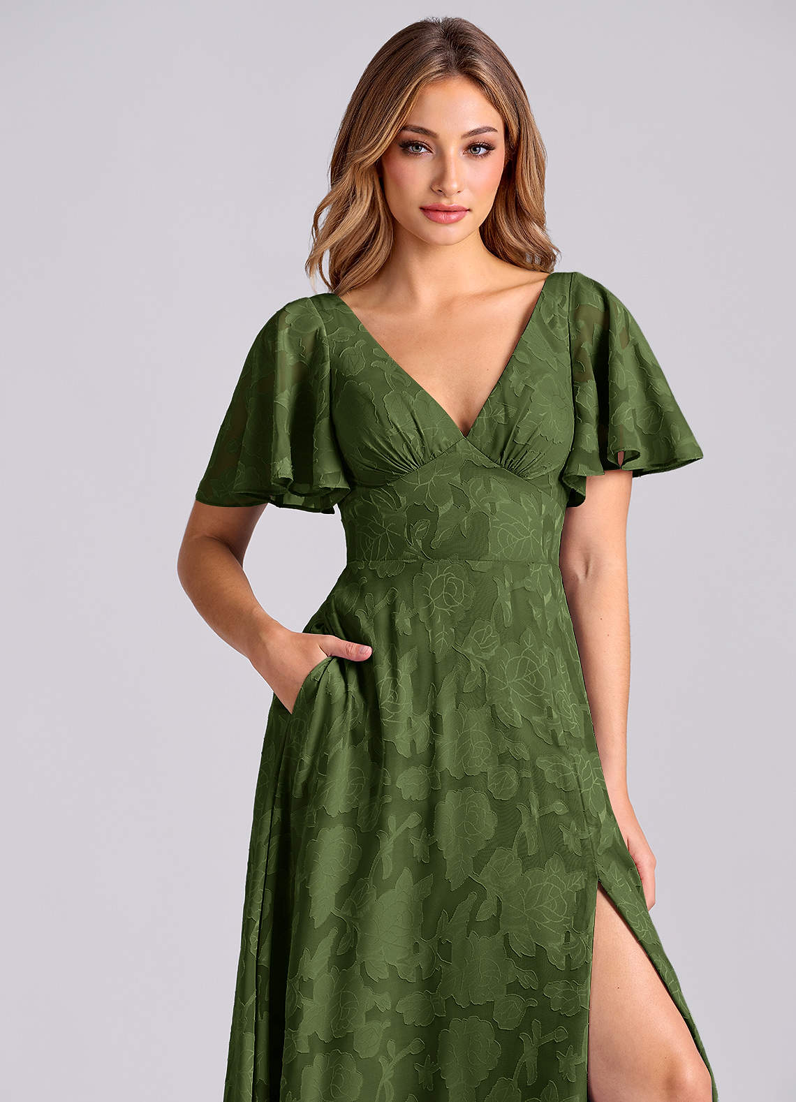 Azazie Kimber Bridesmaid Dresses Olive A-Line with Pockets Floral Burnout Dress image8