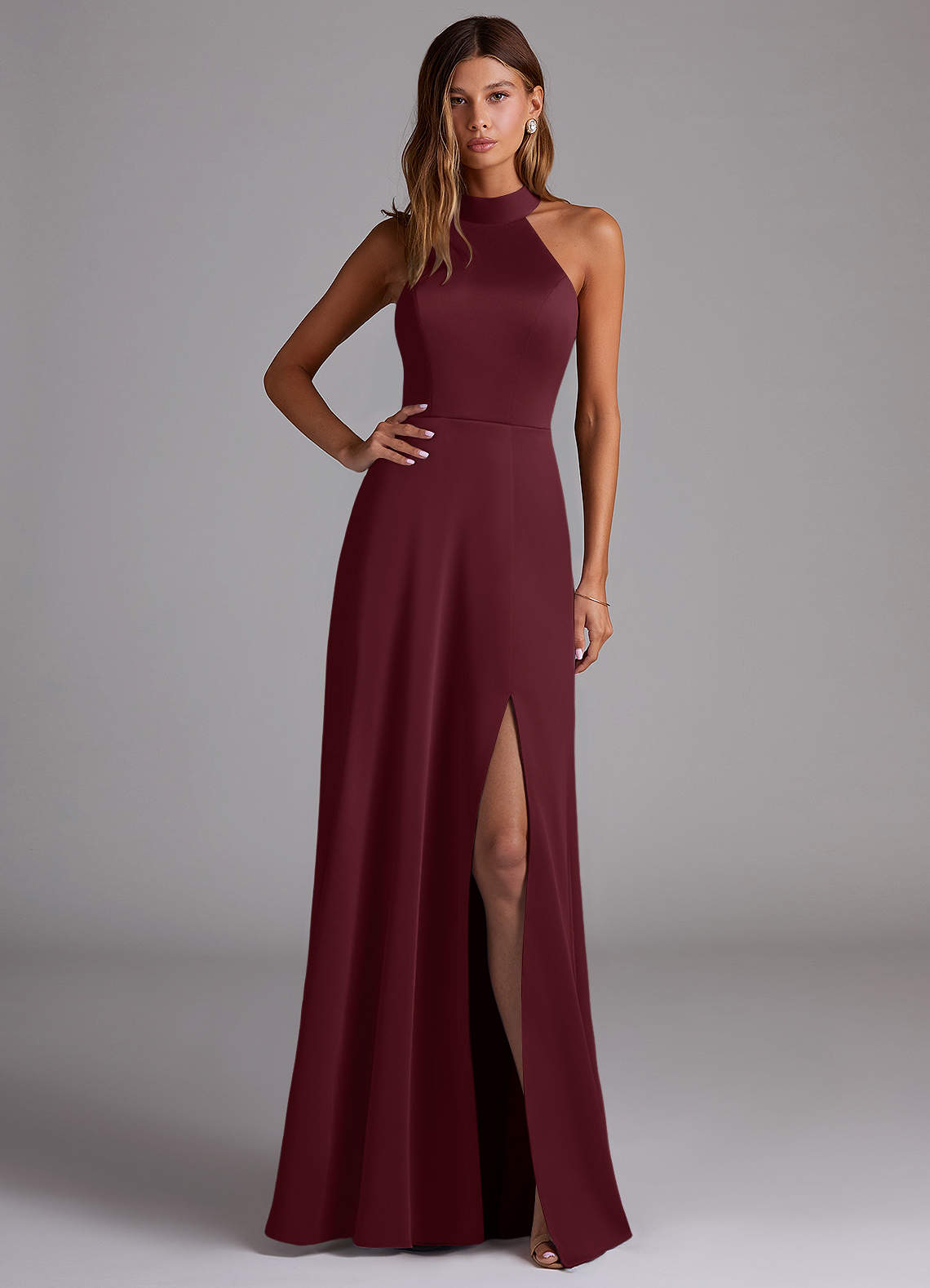 Azazie Myra Bridesmaid Dresses Cabernet A-Line Side Slit Stretch Satin Dress image1