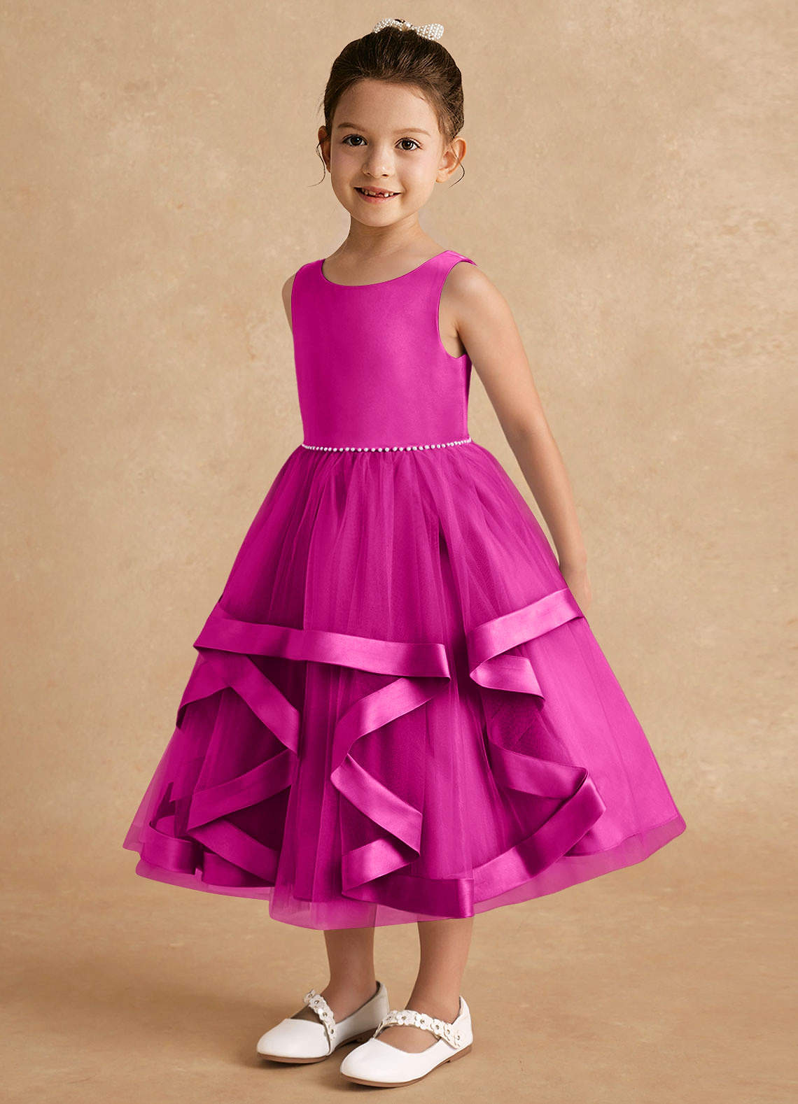 Azazie Posy Blumenmädchenkleider A-Linie Mit Perlen Tüll Kleid Fuchsia image2