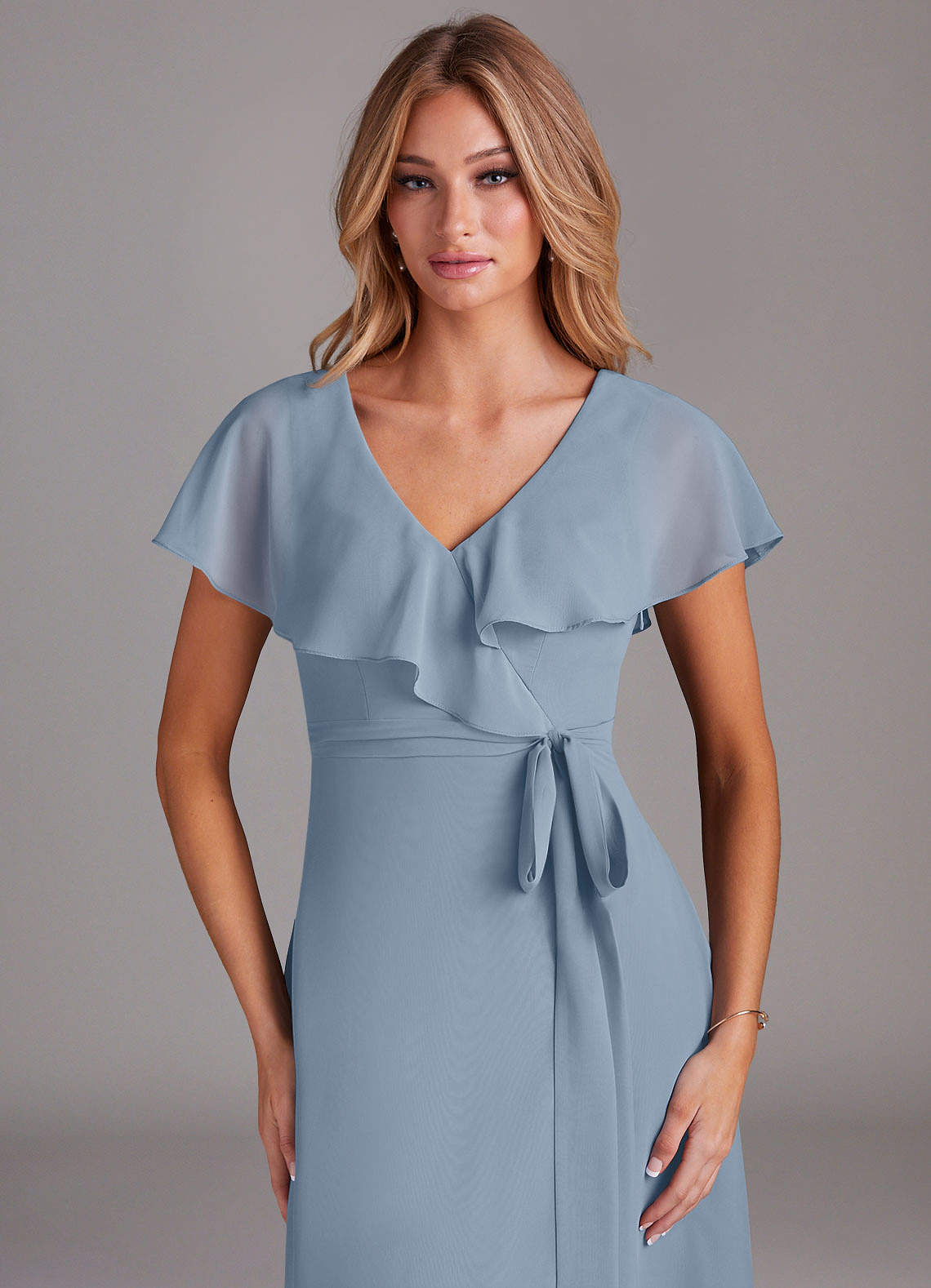 Azazie Lainey At-home Try On Dresses Dusty Blue A-Line with Pockets Chiffon Dress image5