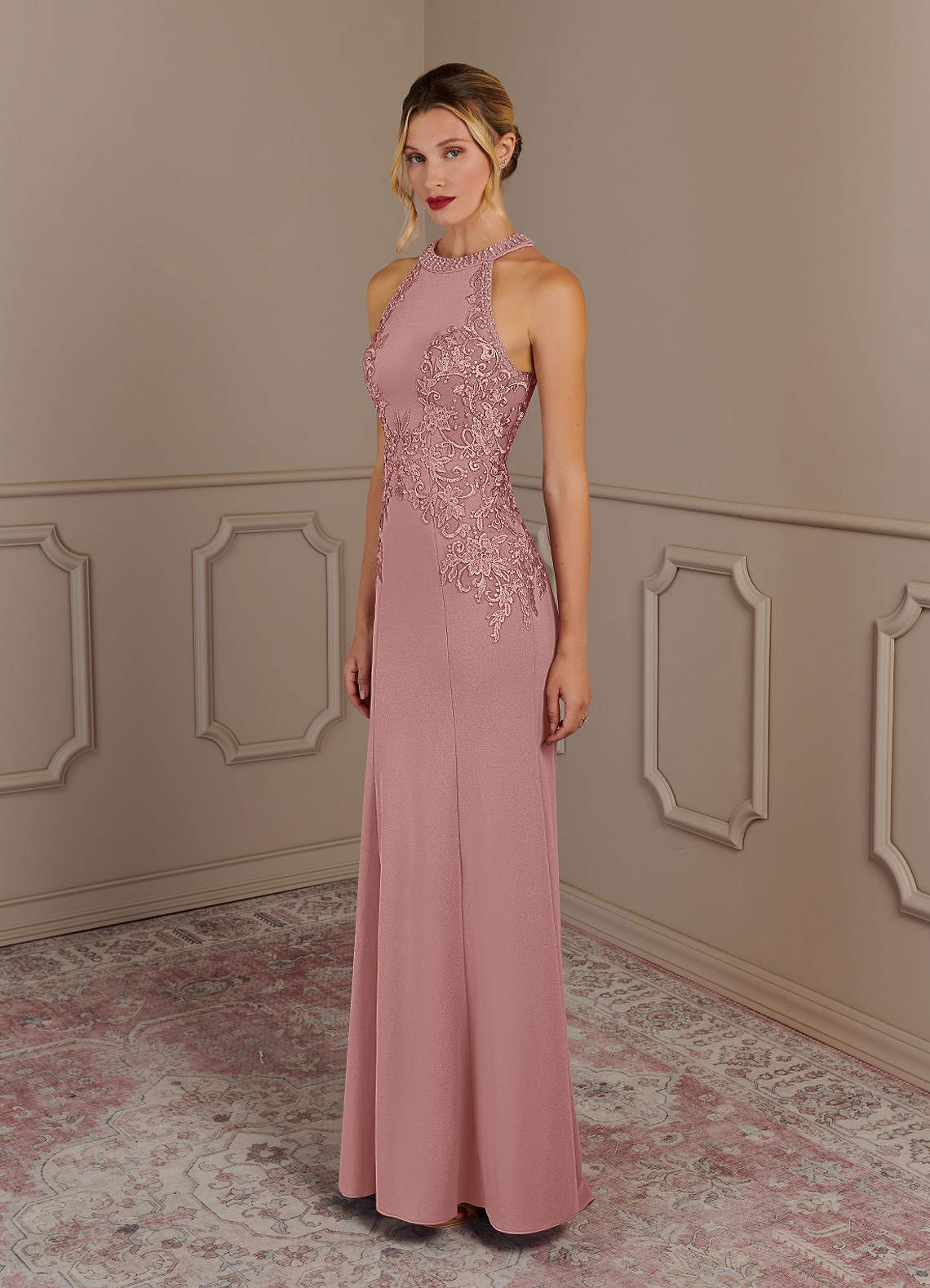 Azazie Tyra Mother of the Bride Dresses Dusty Rose Mermaid Halter Lace Stretch Crepe Dress image1