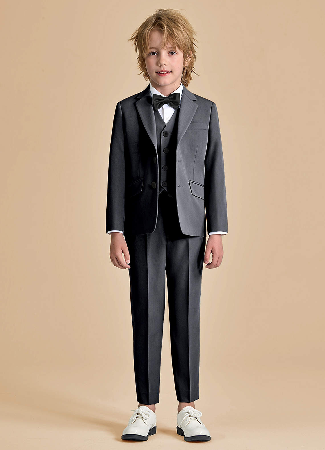 front Oliver Boys Charcoal 5-Piece Suit With Bow Tie