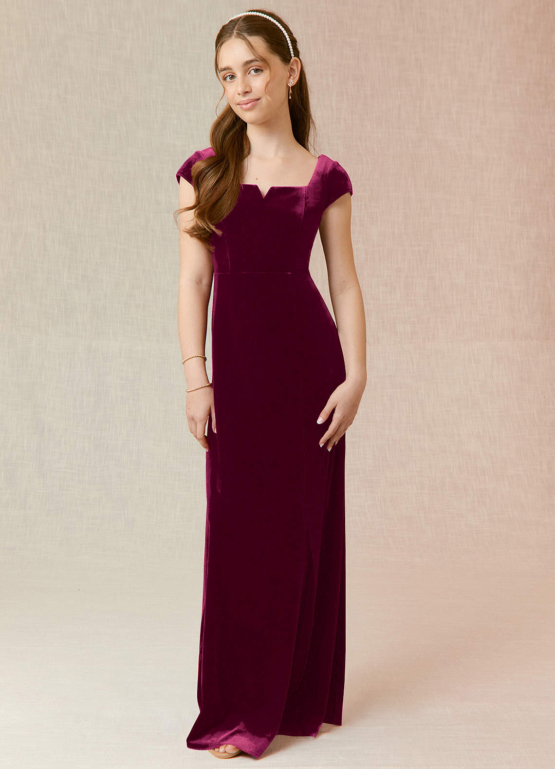 Azazie Gabi Junior Cabernet A-Line Velvet Dress image1