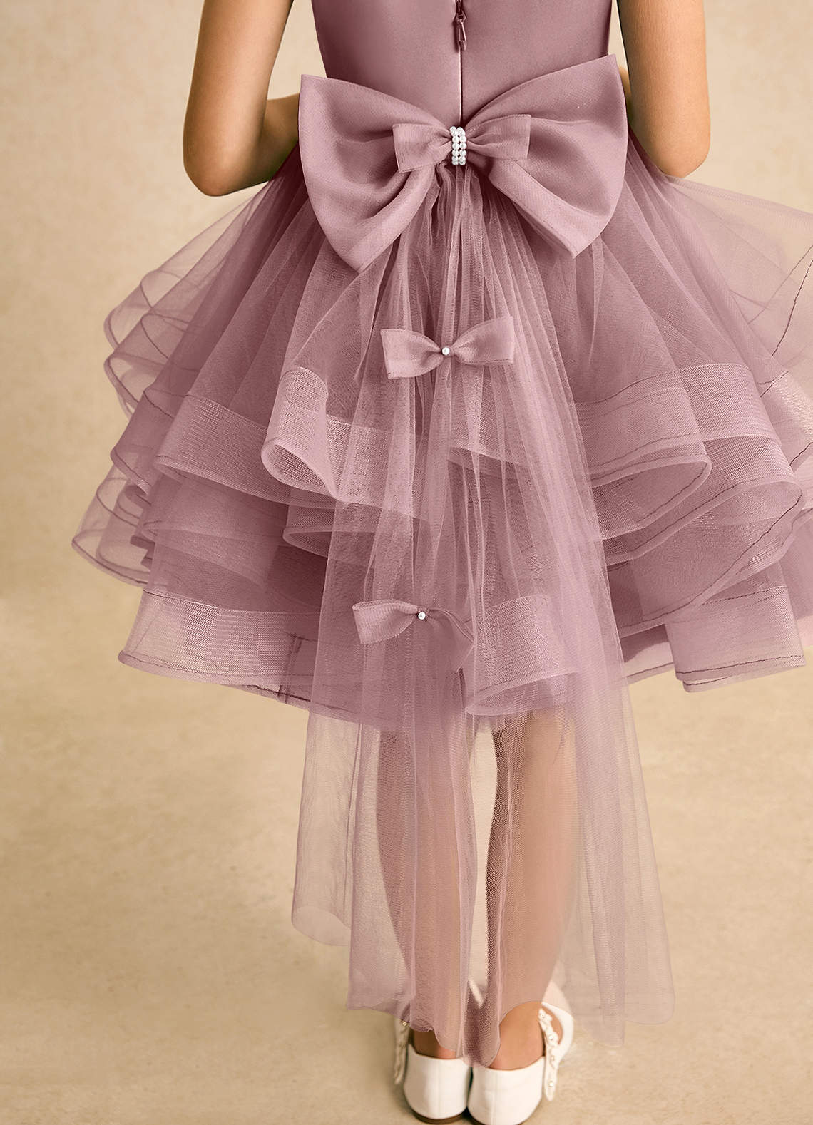 Azazie Tinie Flower Girl Dresses Dusty Rose Ball-Gown Bow Tulle Dress image6