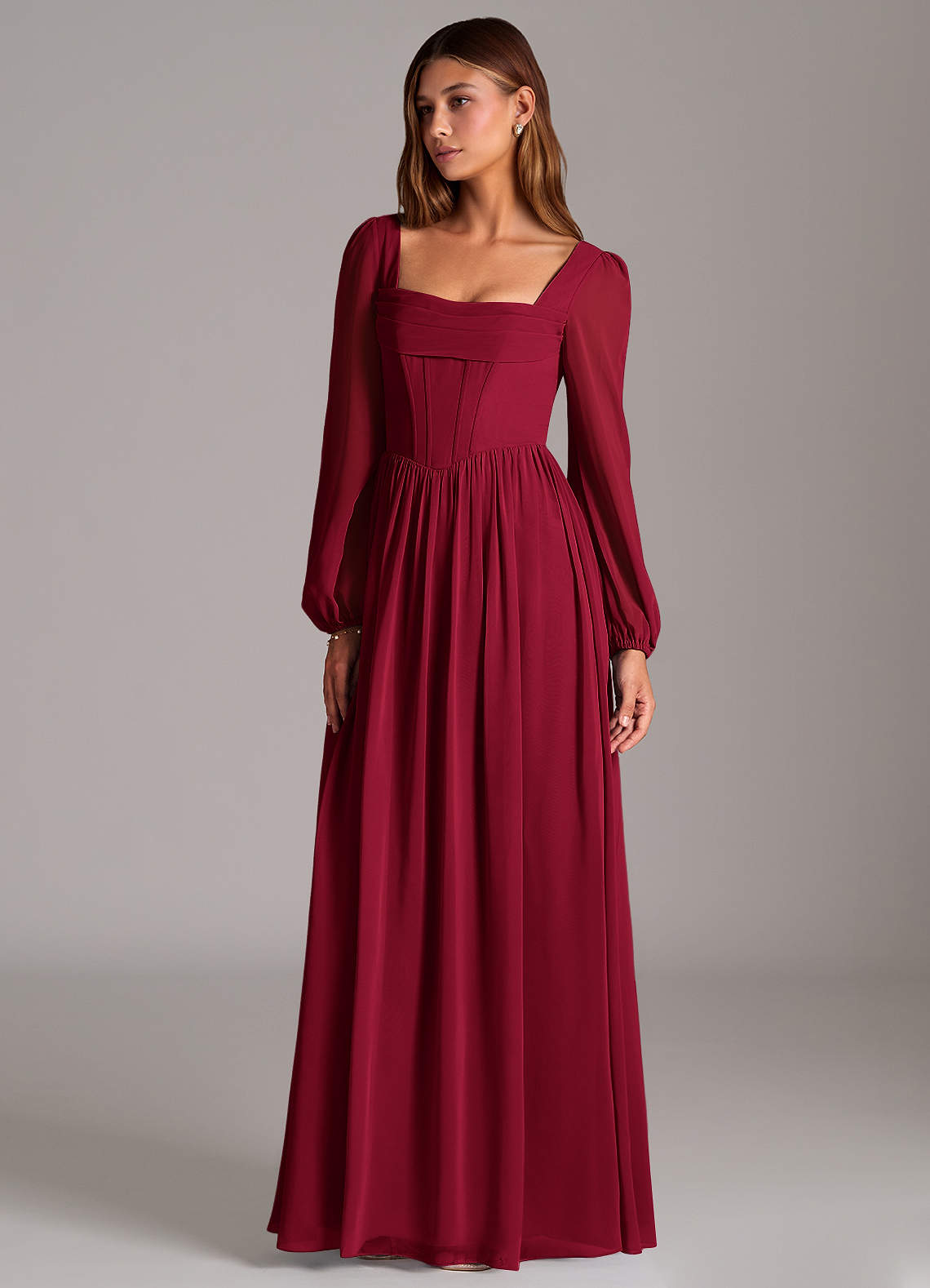 maroon chiffon bridesmaid dresses Azazie A-Line Square Neck Long Sleeve Floor-Length dark burgundy bridesmaid dresses