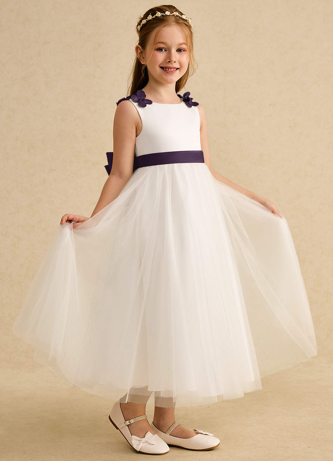 Azazie Lilli Blumenmädchenkleider A-Linie Schleifen Tüll Kleid Elfenbein Pflaumenviolett image1