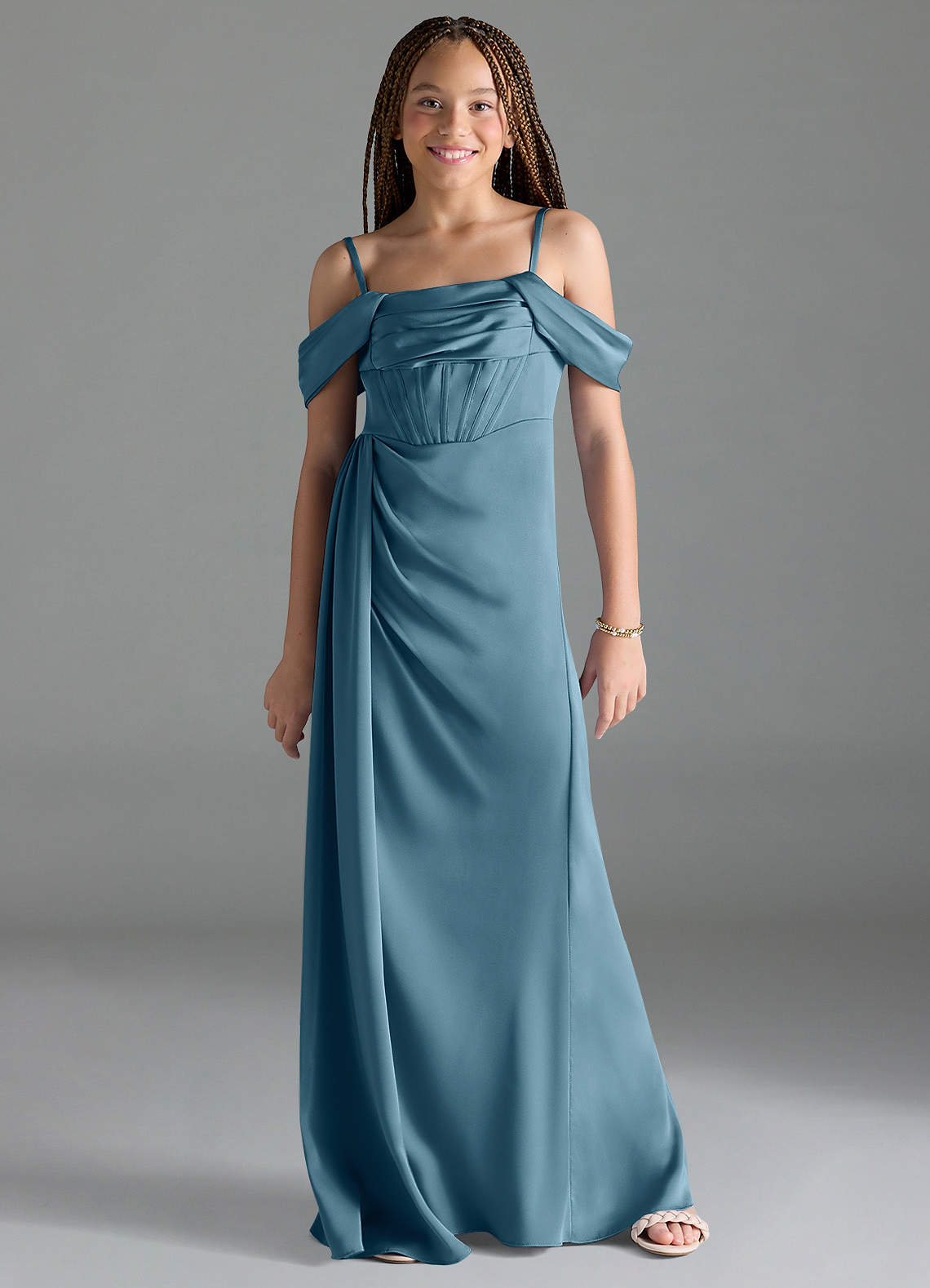 Azazie Amyra Junior Bermuda Sheath Off the Shoulder Stretch Satin Dress image1