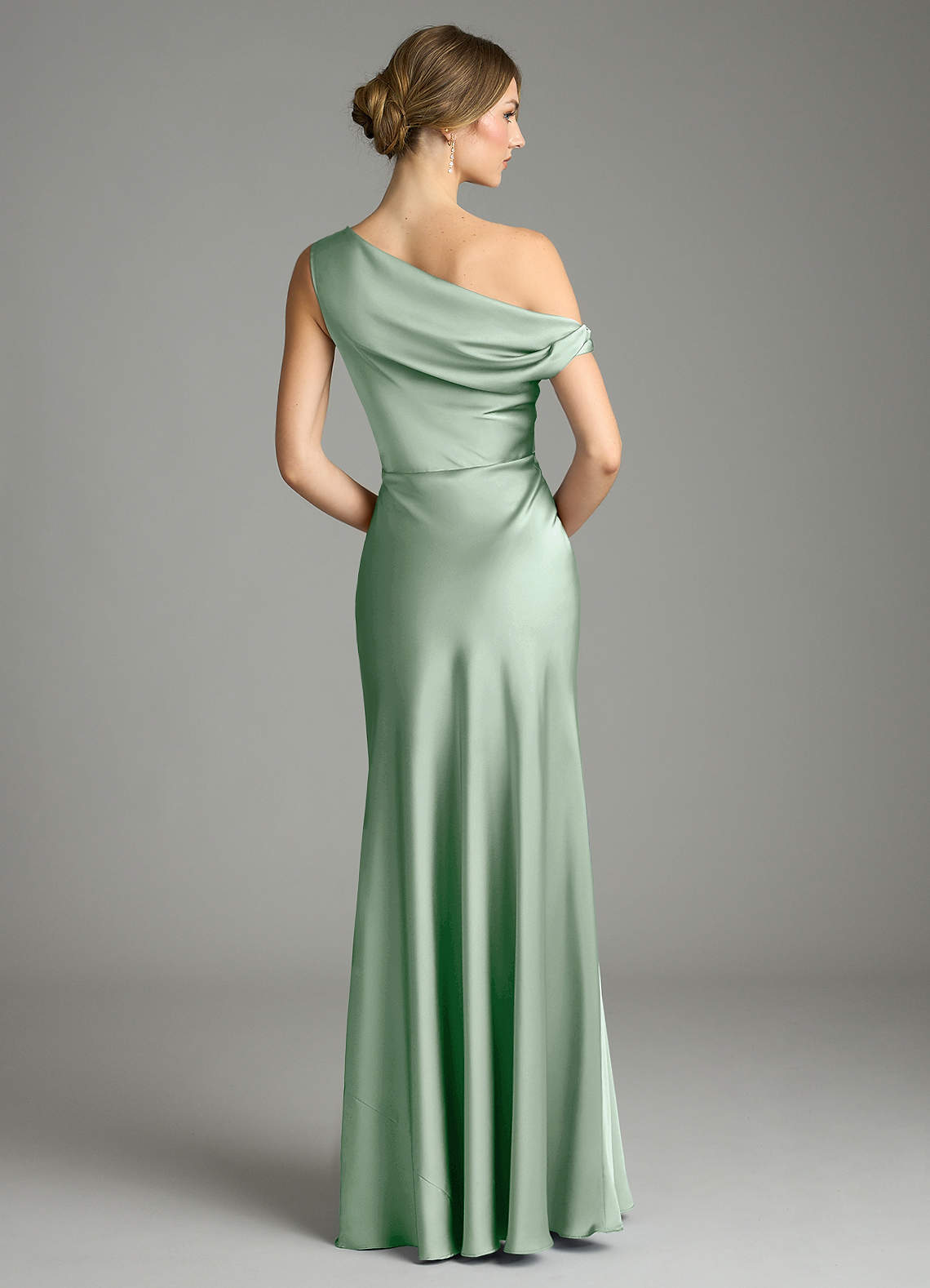 Azazie Emerson Bridesmaid Dresses Agave Mermaid Off the Shoulder Stretch Satin Dress image1