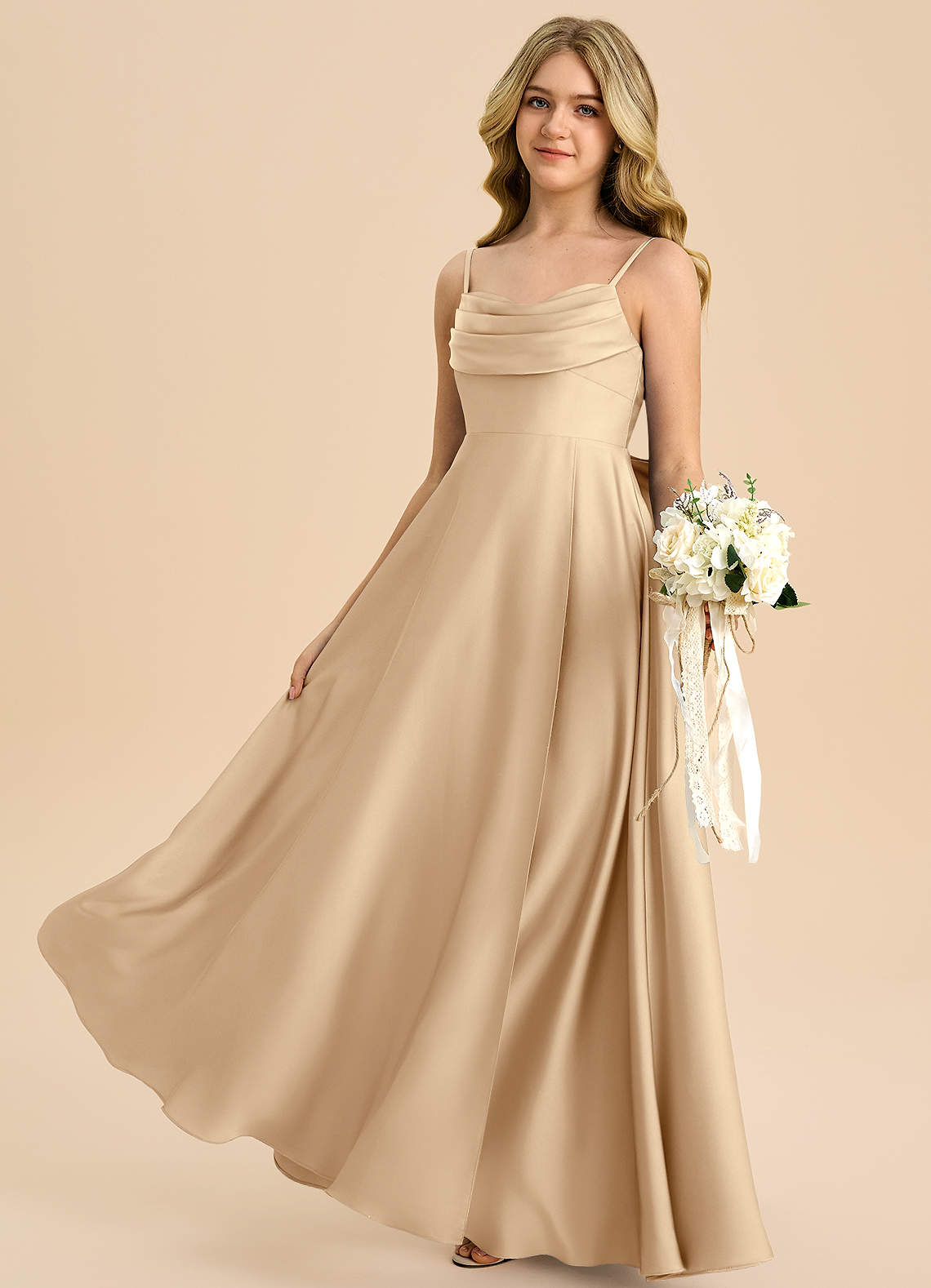 Azazie Bear Junior Champagne A-Line Sweetheart Neckline Stretch Satin Dress image4
