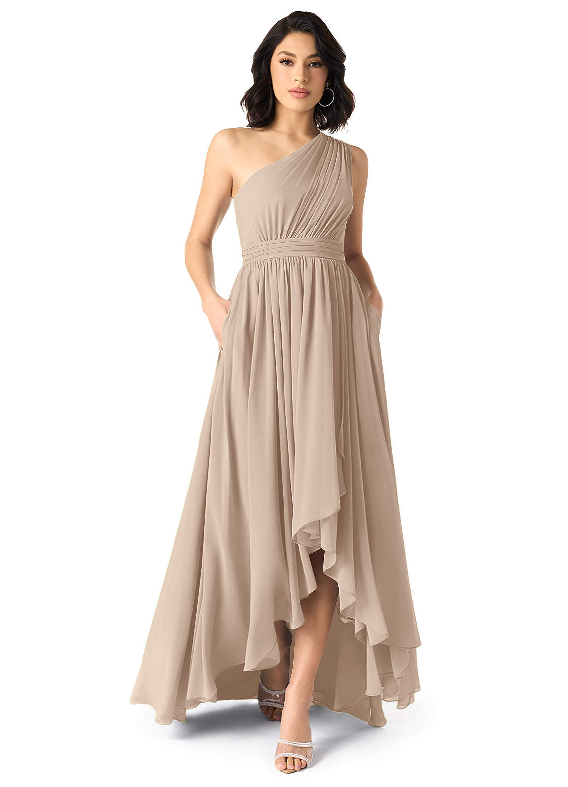 Azazie Mathilda Bridesmaid Dresses Taupe A-Line One Shoulder Chiffon Dress image1