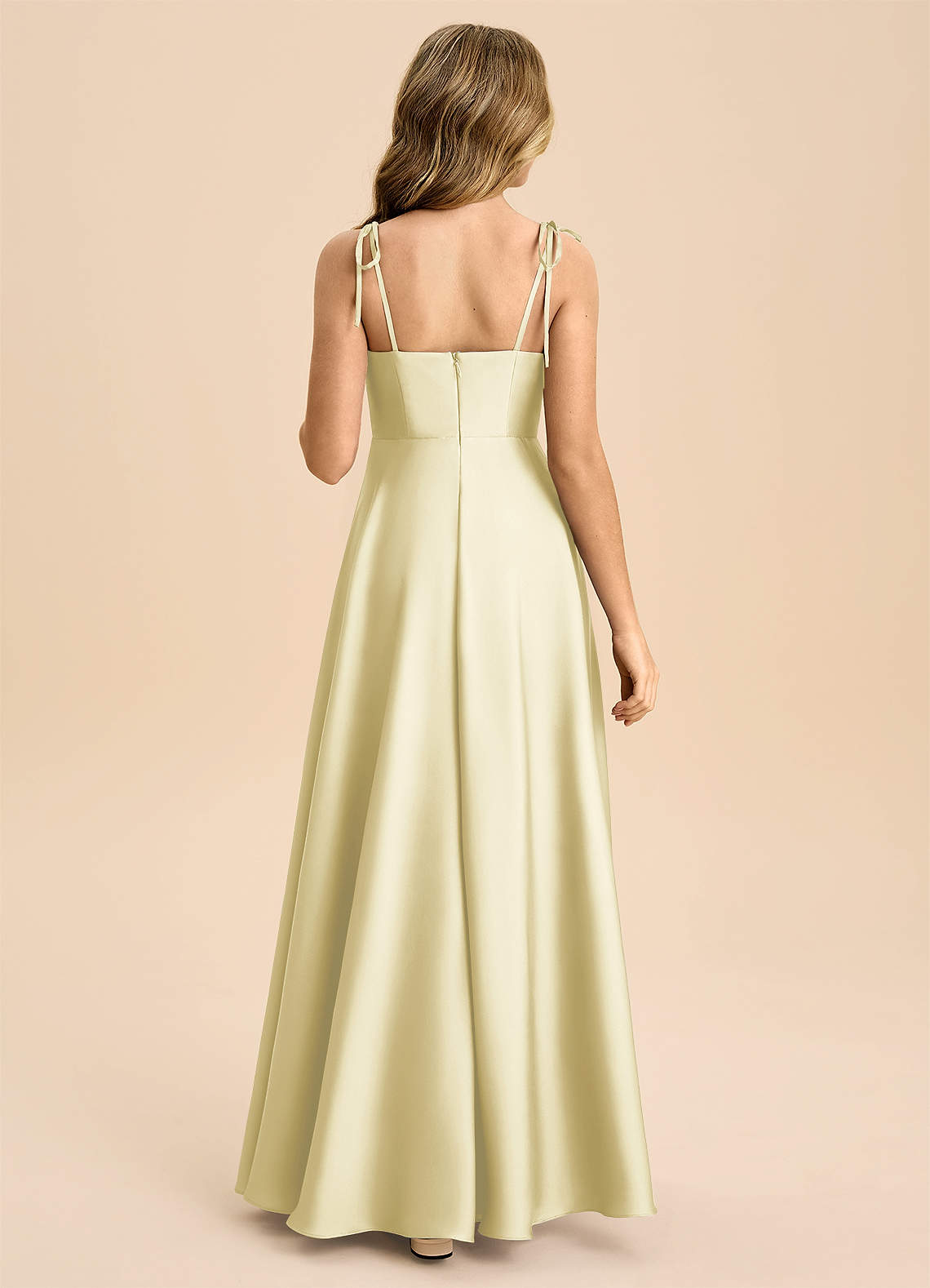 Azazie Popsy Junior Lemon Sorbet A-Line Bow Stretch Satin Dress image1