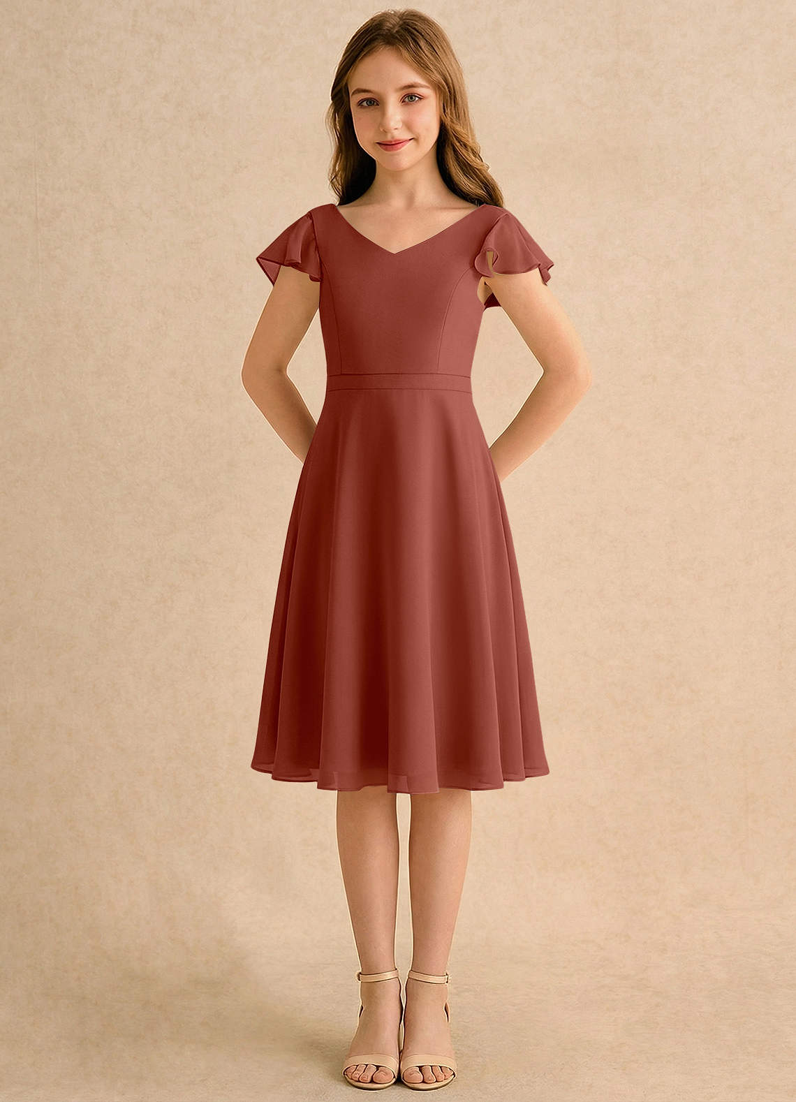 Azazie Narin Girls Formal Flower Girl Klänningar Klä A-Line i Chiffong med ärmar image4