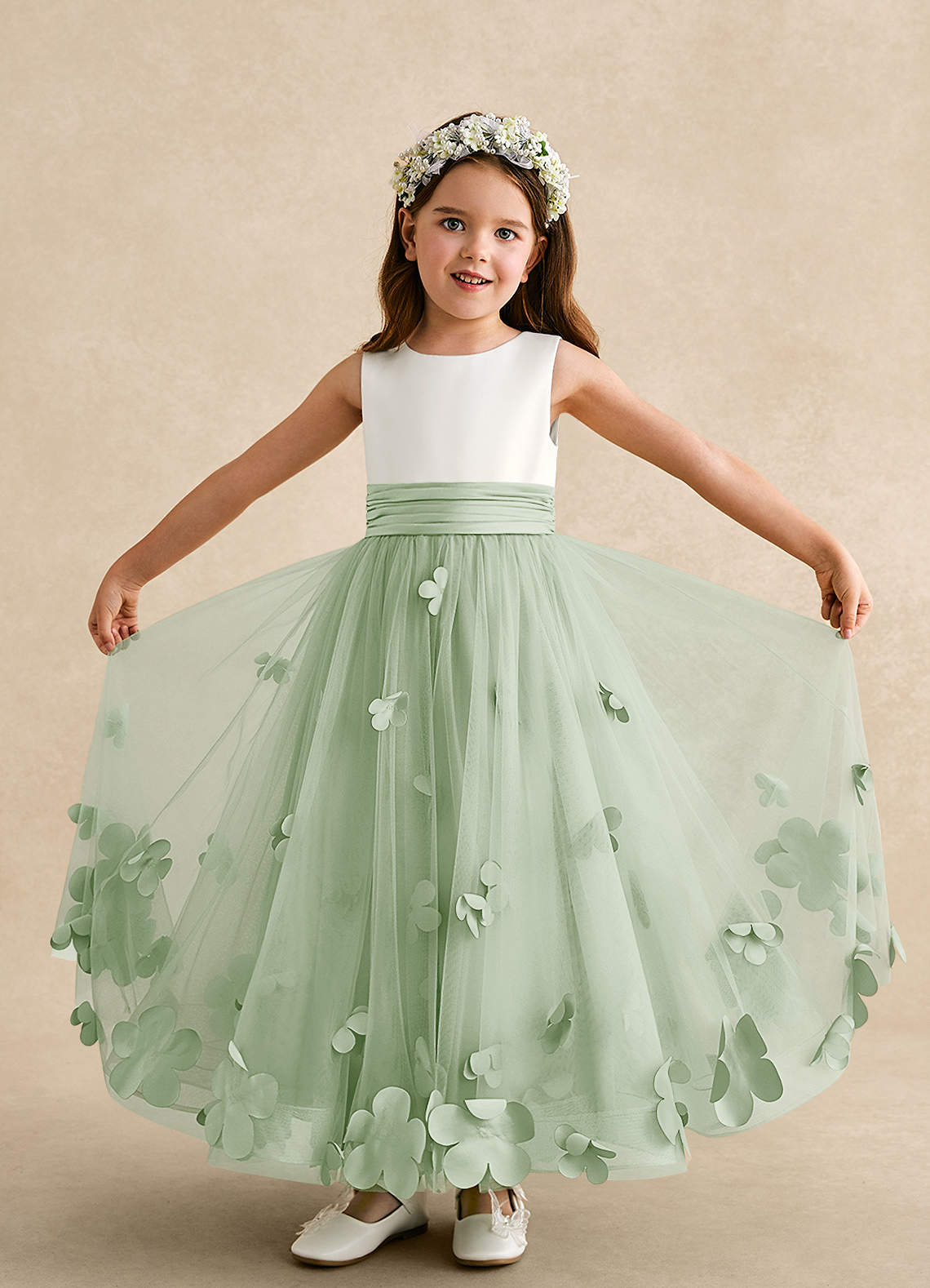 Azazie Vi Robe Demoiselle D'honneur Fillette Robe Trapèze en Tulle Sans manches Vert Sauge image4
