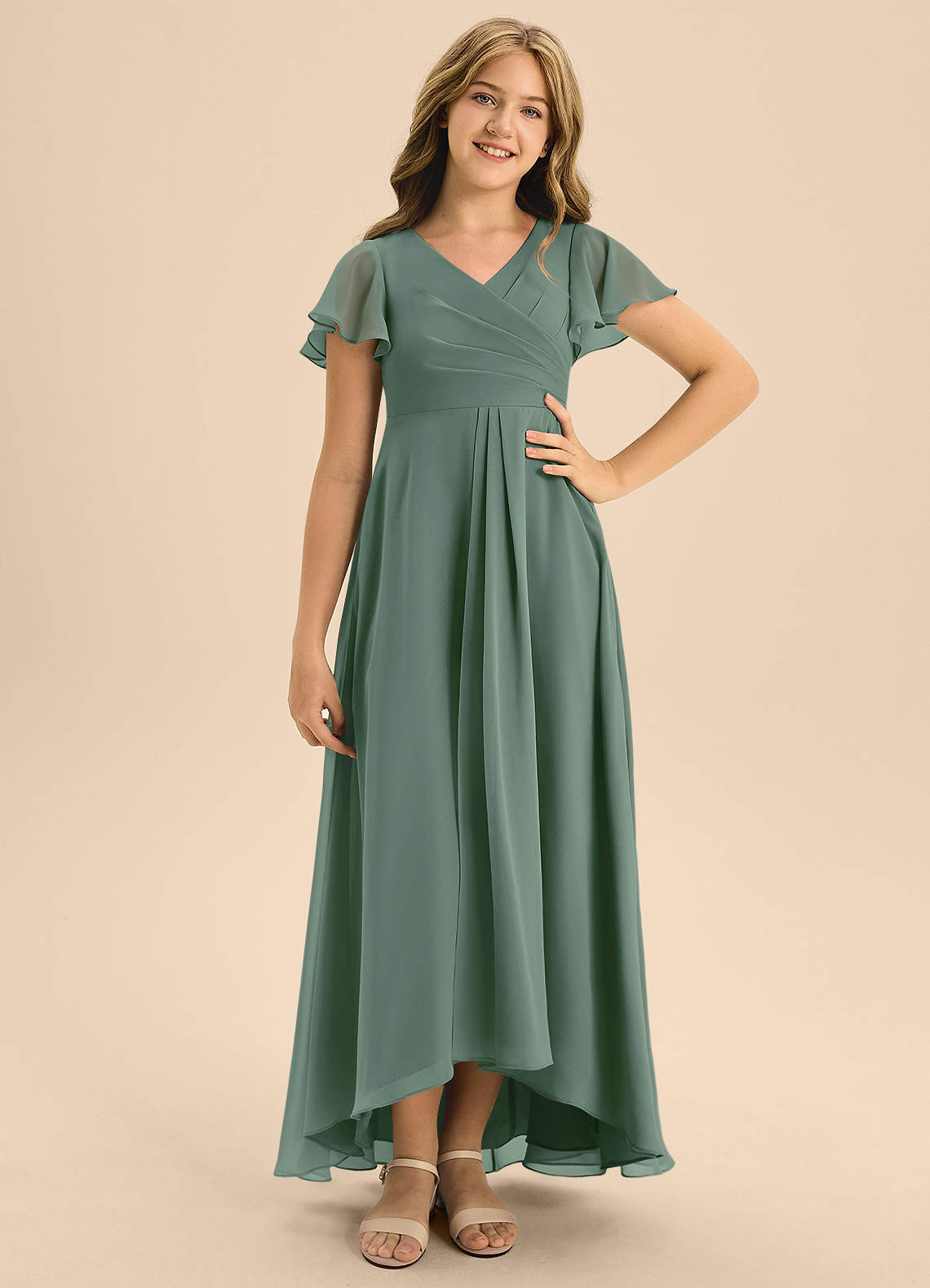 Azazie Induh Junior A-Linie Plissee Chiffon Kleid Eukalyptus image1