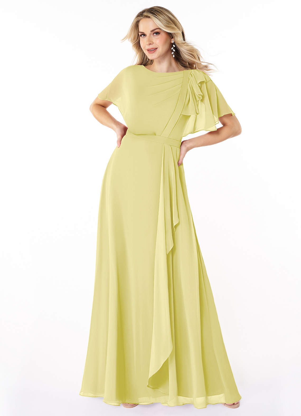 Azazie Aaliyah vestidos de dama de honor modestos Vestido de Corte En A Plisado Scoop Hasta el suelo Gasa image1