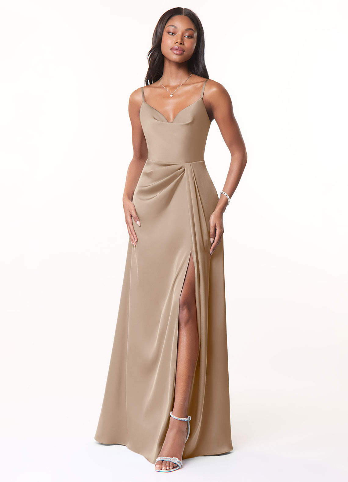 Azazie Brielle Bridesmaid Dresses Taupe A-Line Cowl Spaghetti Straps Stretch Satin Dress image1