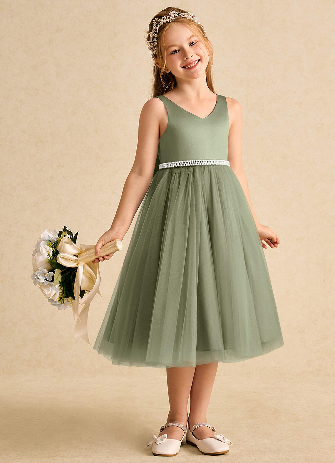 Azazie Firefly Flower Girl Klänningar Klä A-Line i Matt satäng Rosett image6