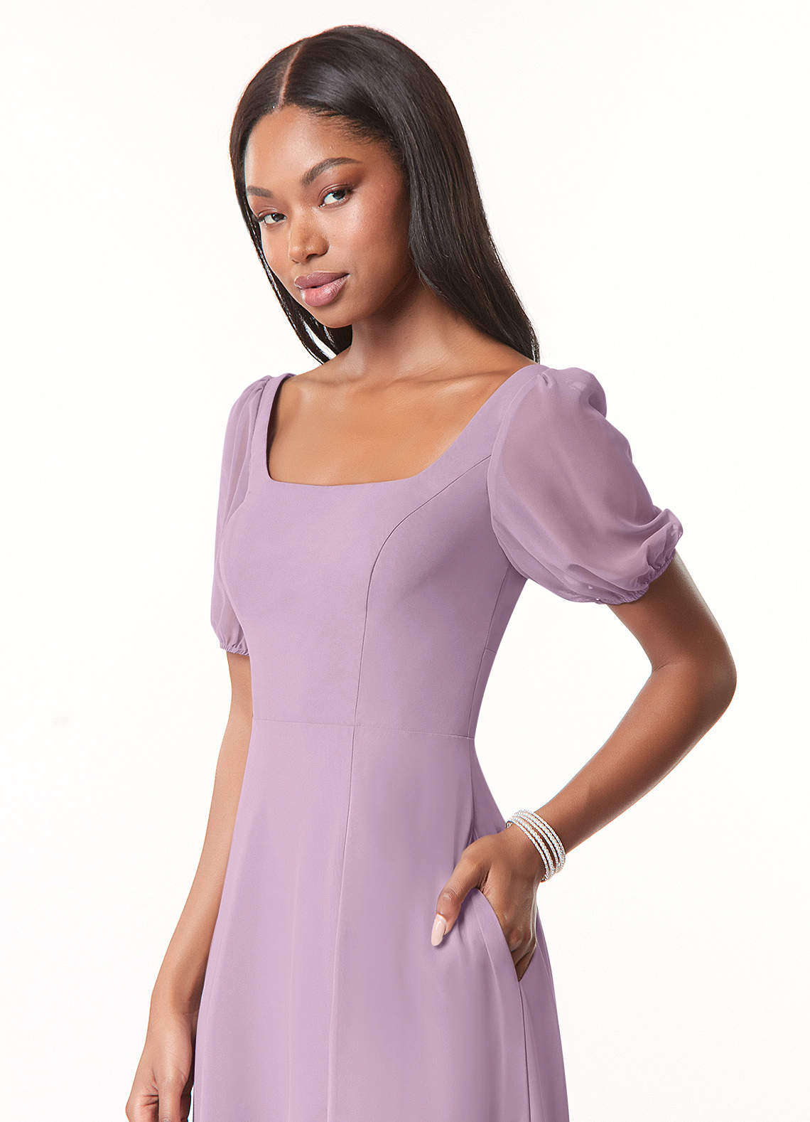 Azazie Alani Robes de demoiselle d'honneur Robe Trapèze en Mousseline de soie Encolure carrée Glycine image3