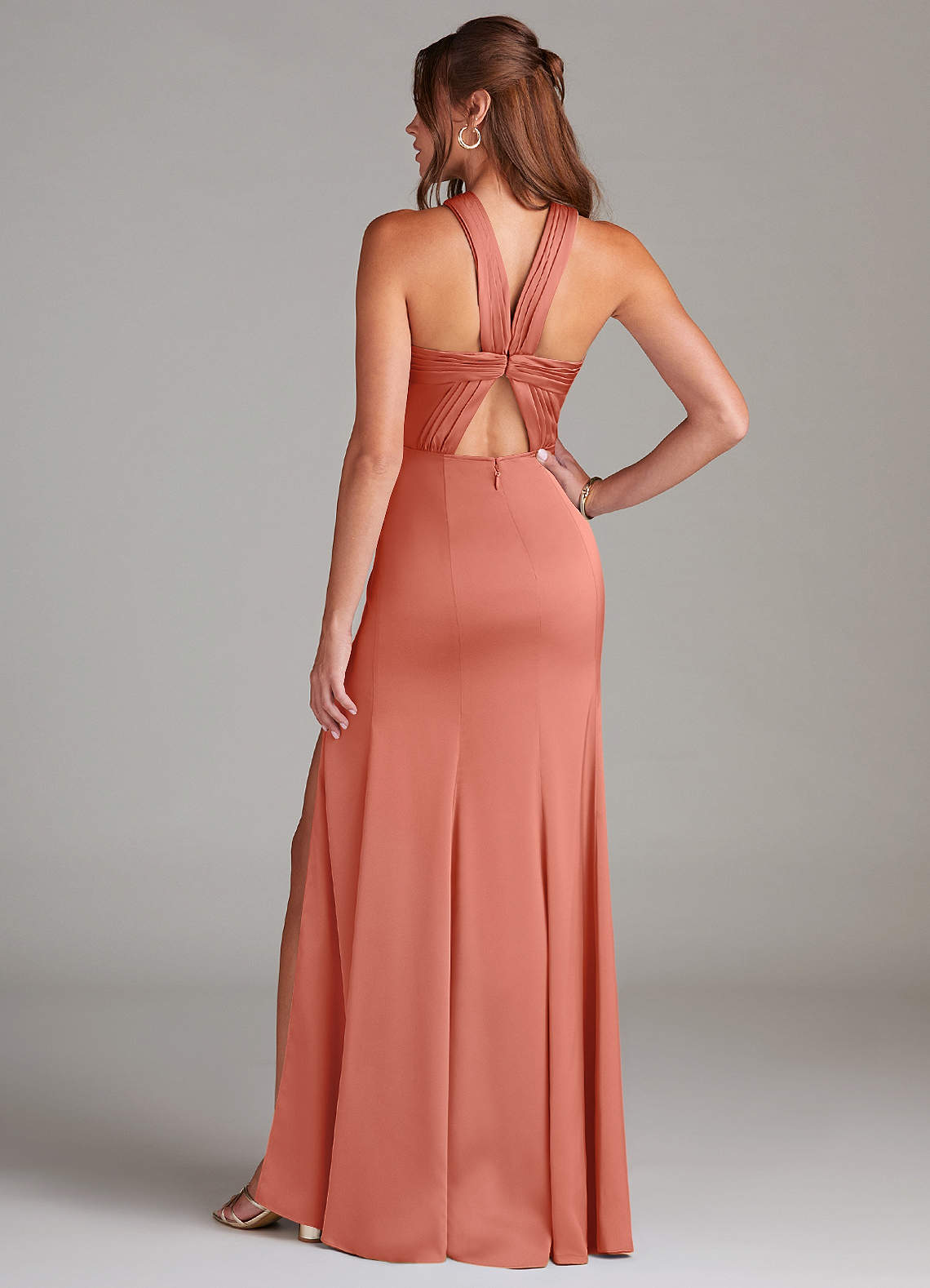 Azazie Rue Salmon Pink Stretch Satin Bridesmaid Dresses | Azazie