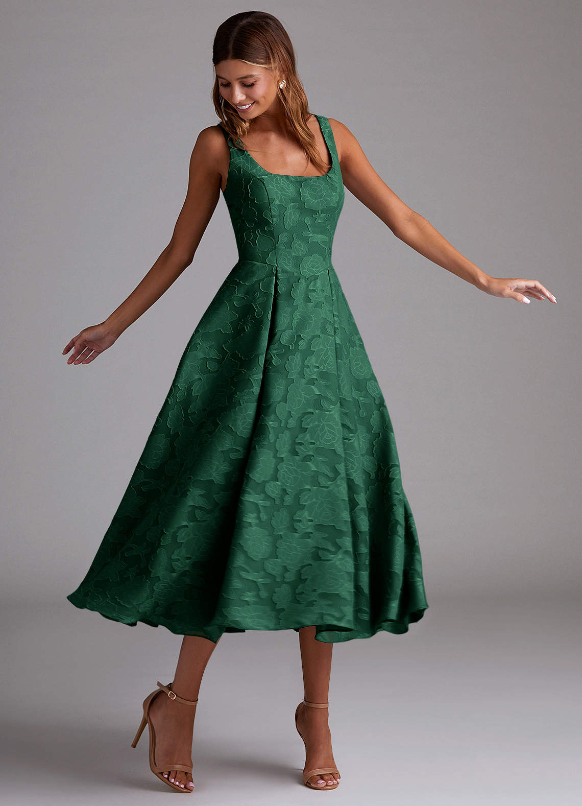 Azazie A-Line Square Neck Tea-Length Floral Burnout Bridesmaid Dresses - Dark Green Azazie A-Line Square Neck Tea-Length Floral Burnout Bridesmaid Dresses - Dark Green