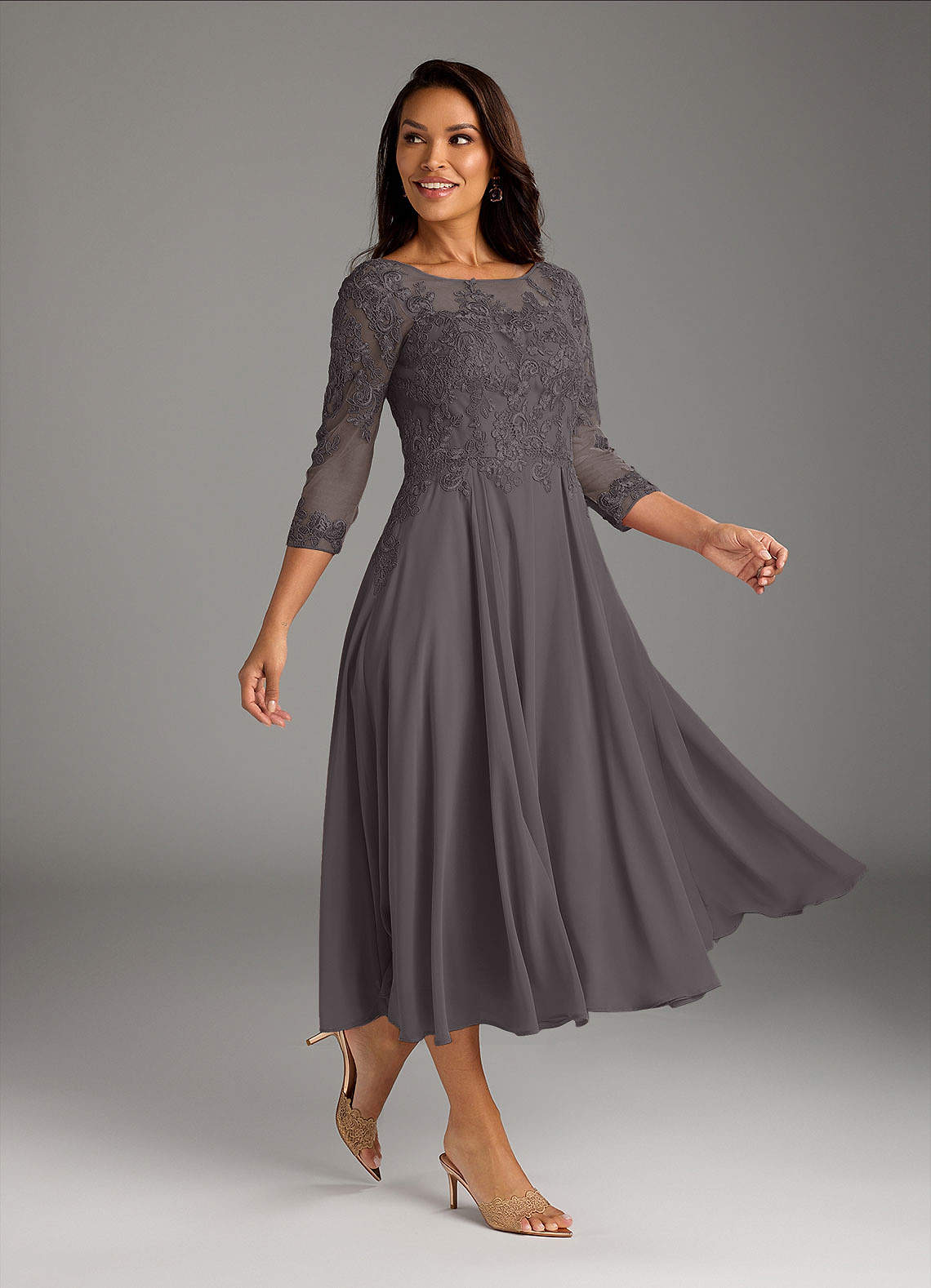 slim fit dress slacks Berylove Women Light Grey Mother of The Bride Dress A Line Round Neck Half Sleeve Chiffon Tea-Length Wedding Guest Dress with Lace, Light Grey / US16 main image 0