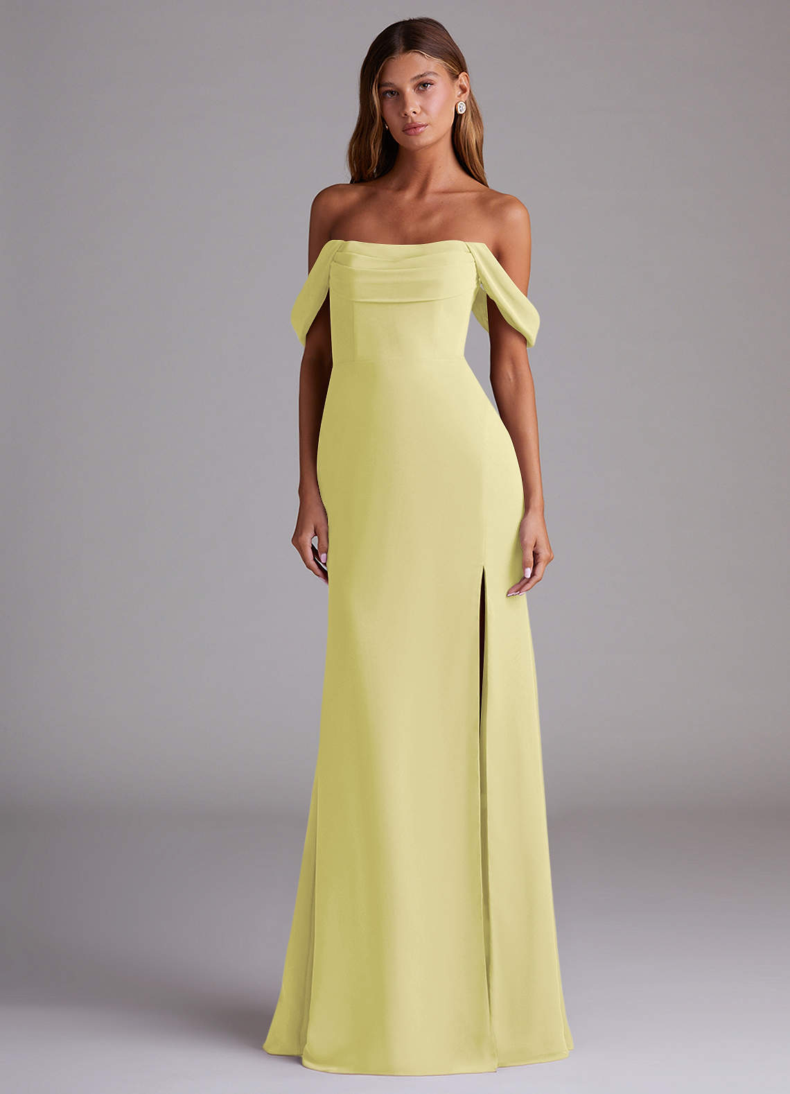 Azazie Saige Bridesmaid Dresses Lemon Sorbet A-Line Off the Shoulder Chiffon Convertible Dress image2