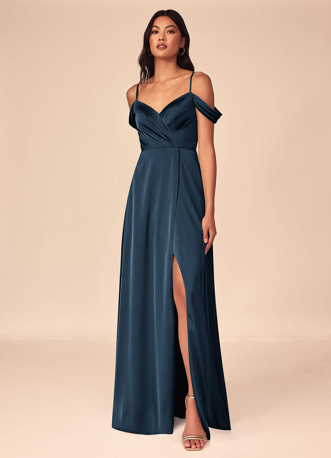 ocean blue bridesmaid dresses Azazie A-Line V-Neck Floor-Length Stretch Satin Size:12 months line skirt and leg Backless  Dress Gown Nicki Minaj Black