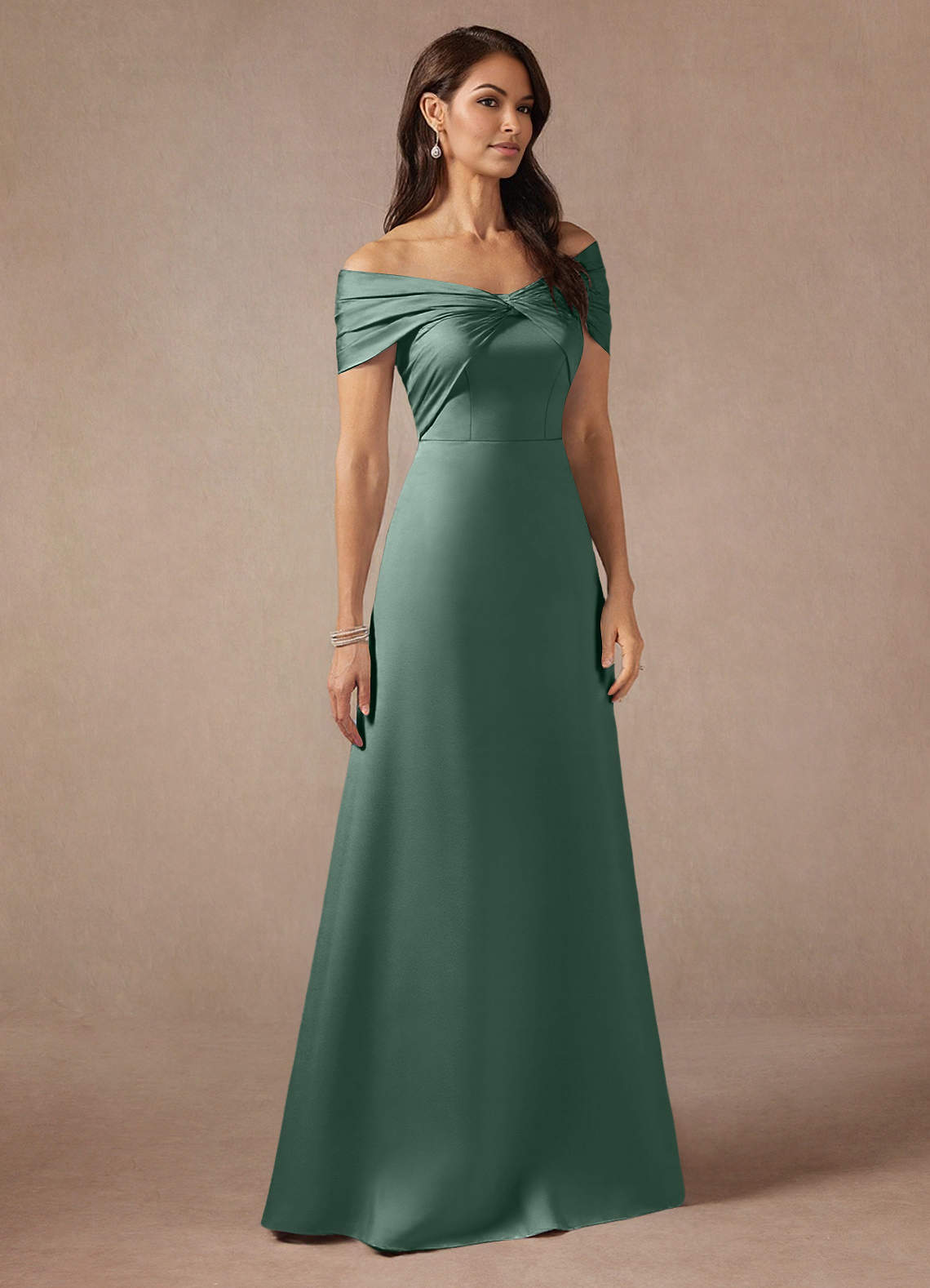 Azazie Amelia Mother of the Bride Dresses Eucalyptus A-Line Off the Shoulder Stretch Satin Dress image3
