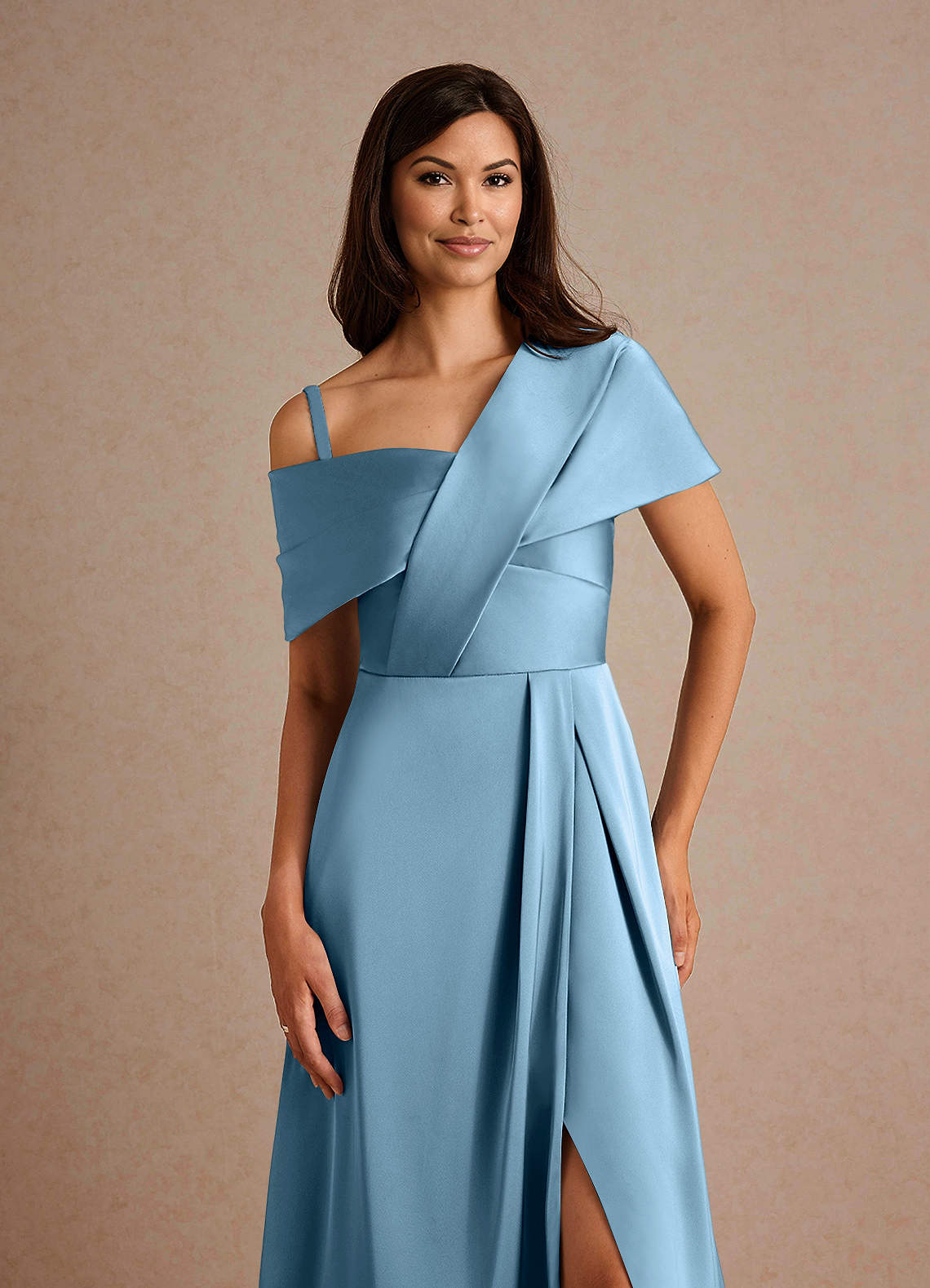 Azazie Milton Mother of the Bride Dresses Steel Blue A-Line Pleated Stretch Satin Dress image2