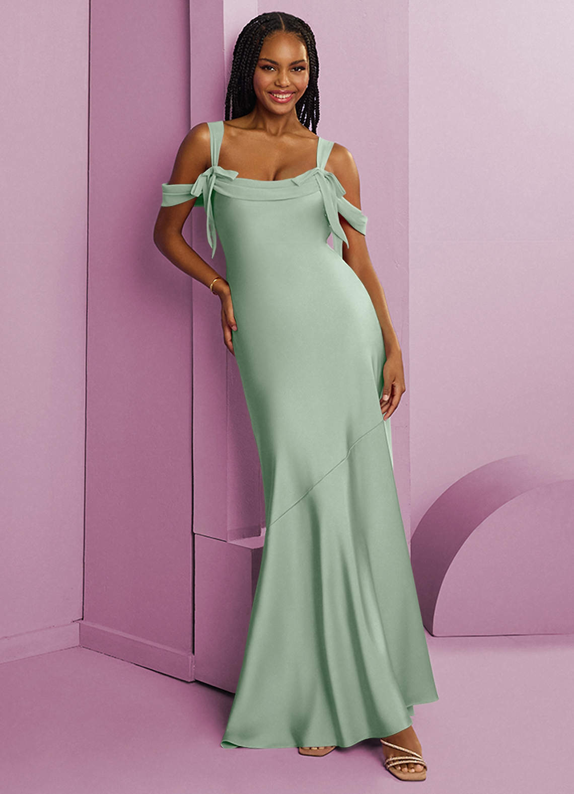 Barbie ♥ Azazie Jurken voor bruidsmeisjes Jurk van Stretch Satijn met Kolom Geplooid Agave image1