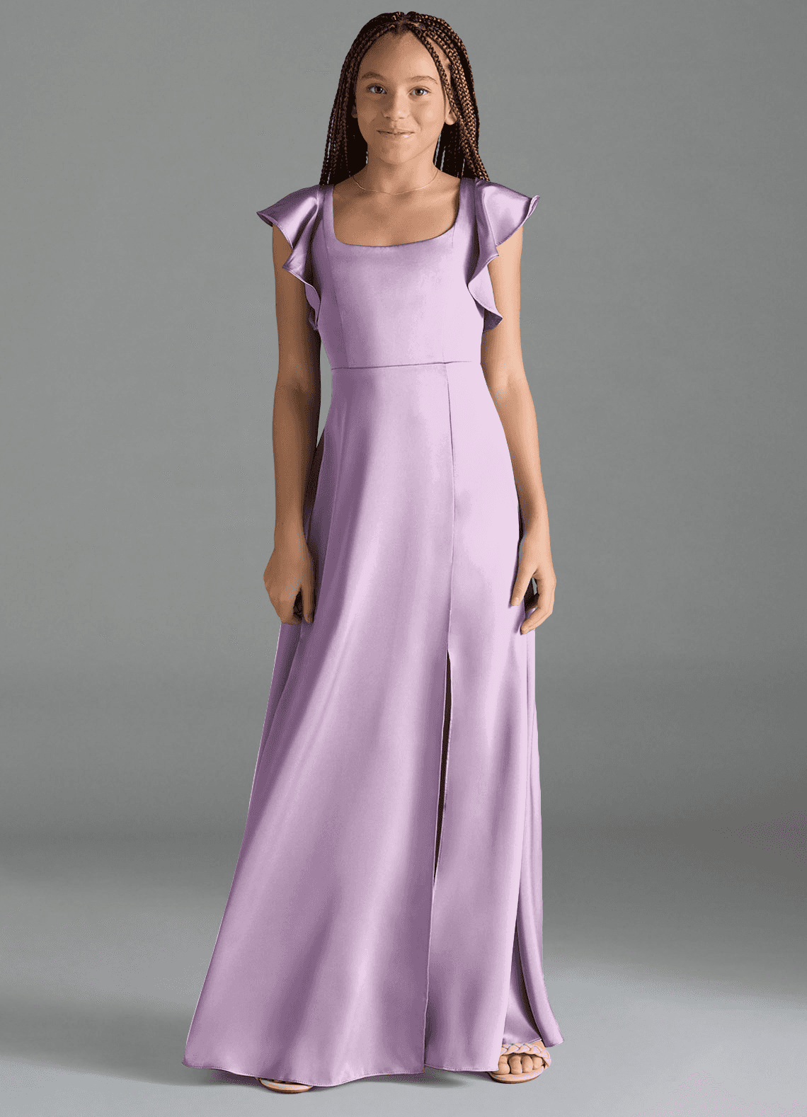 Azazie Bondi Junior Frosted Lilac A-Line Side Slit Stretch Satin Dress image1
