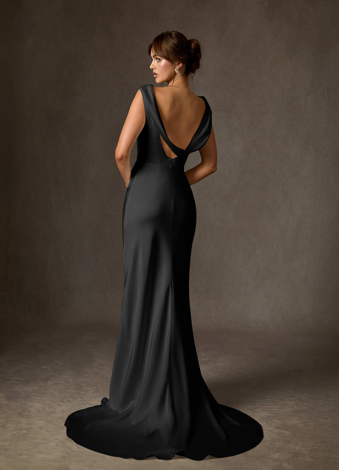 Azazie Kieryn Wedding Dresses Black Fit and Flare Stretch Satin Dress image1